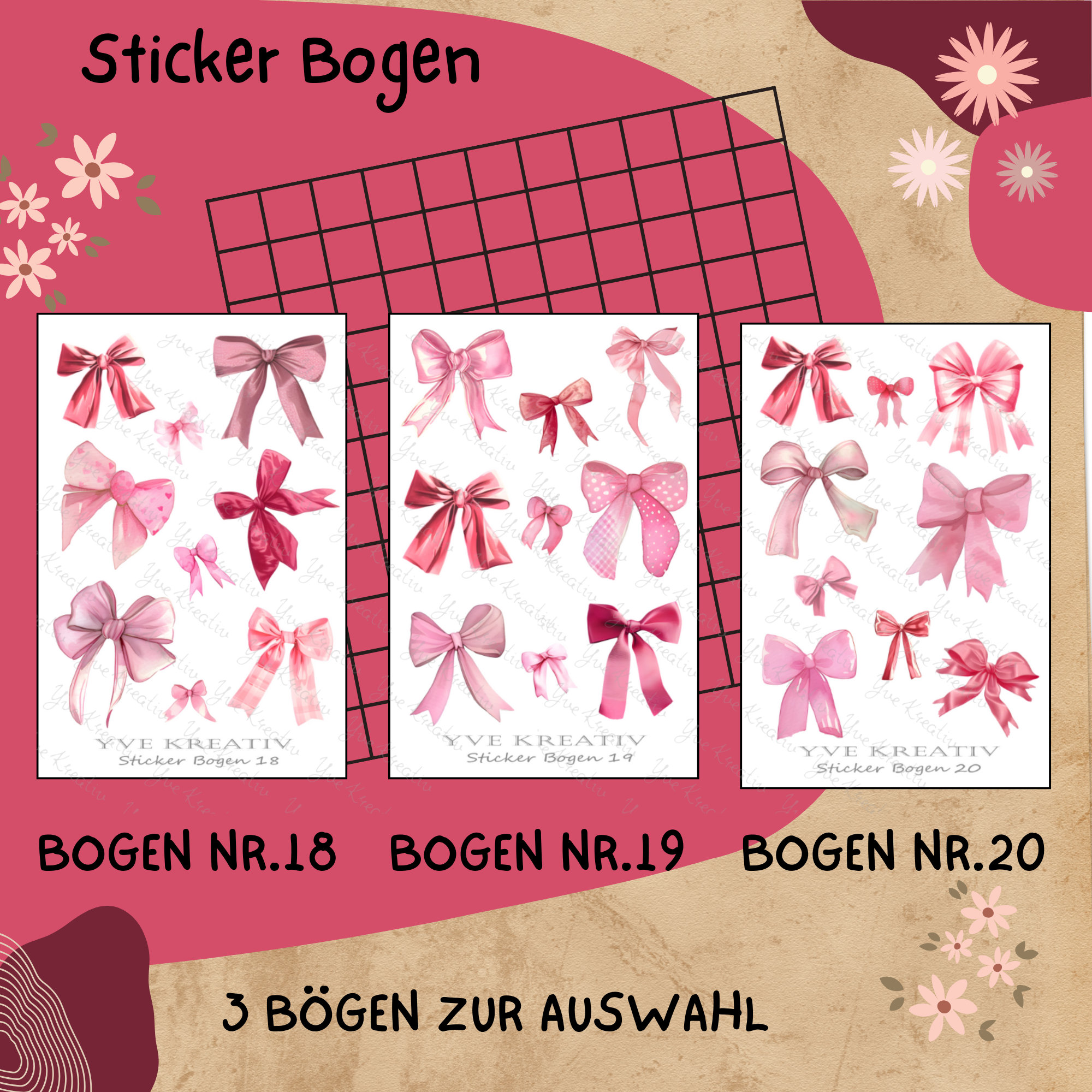 Sticker Bogen " Schleifen rosa rot " | Sticker Set - Aufkleber 3 Stickerbogen zur Auswahl in Weiß - Transparent - Matt - Glanz  #SBA6