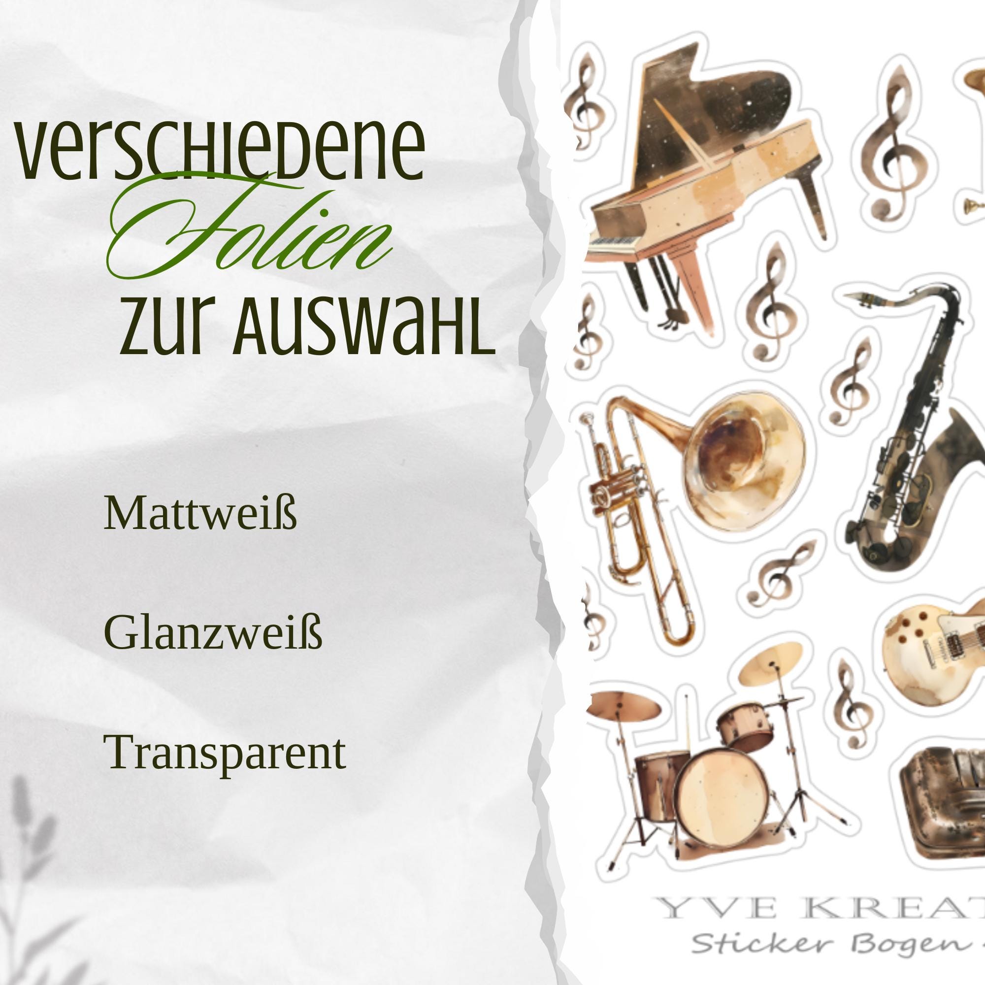 Aufkleber Musik Instrumente Sticker Bogen Set 3 Stickerbogen zur Auswahl in Weiß - Transparent - Matt - Glanz #SBA6