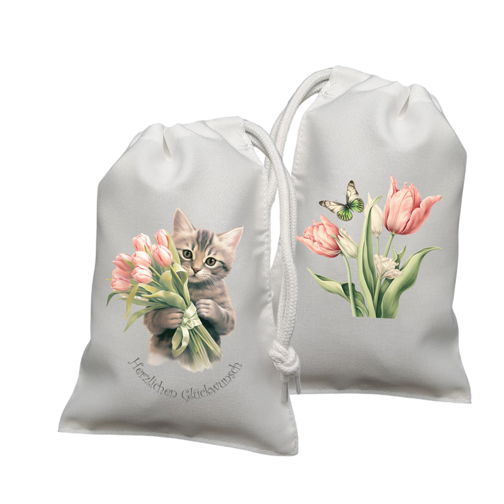 Geschenksäckchen beidseitig bedruckt, Tulpen Katze, Geschenkbeutel, Stofftasche, Stoffbeutel, Verpackung, Geschenkverpackung  #GSSUB