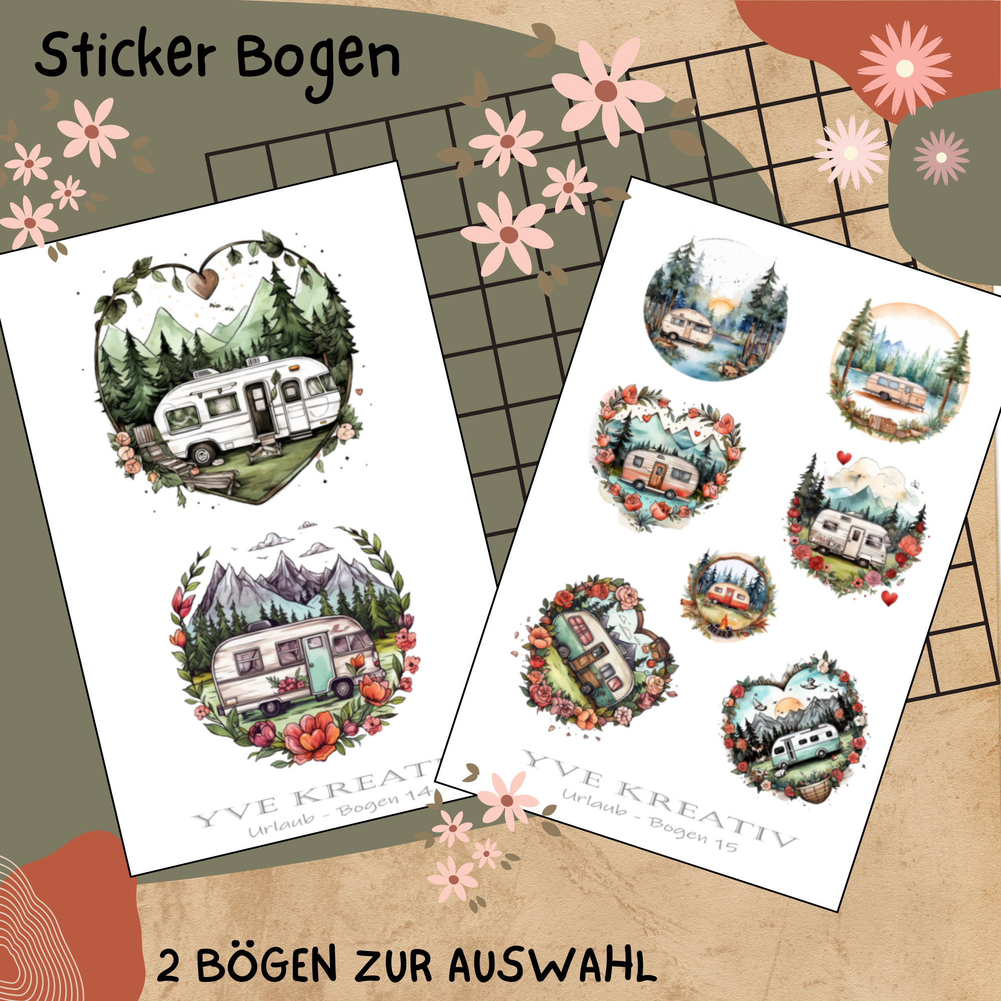 Sticker Bogen " Camping Urlaub Reisen " | Set - Aufkleber 2 Stickerbögen zur Auswahl in Weiß - Transparent - Matt - Glanz