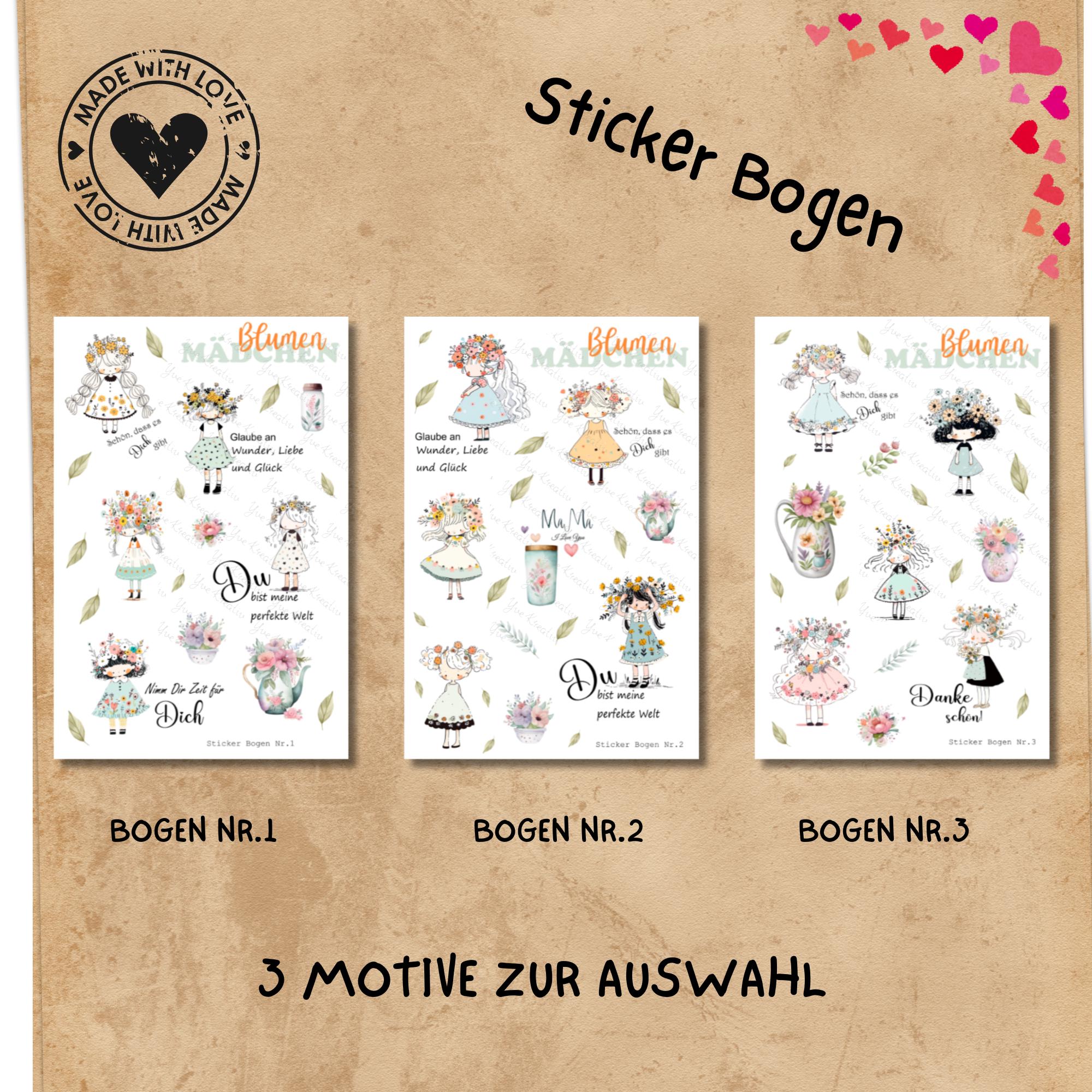 Aufkleber Blumenmädchen Sticker Bogen Blumen Stickerbogen Motivation 3 Bögen zur Auswahl in Weiß - Transparent - Matt - Glanz #SBA6
