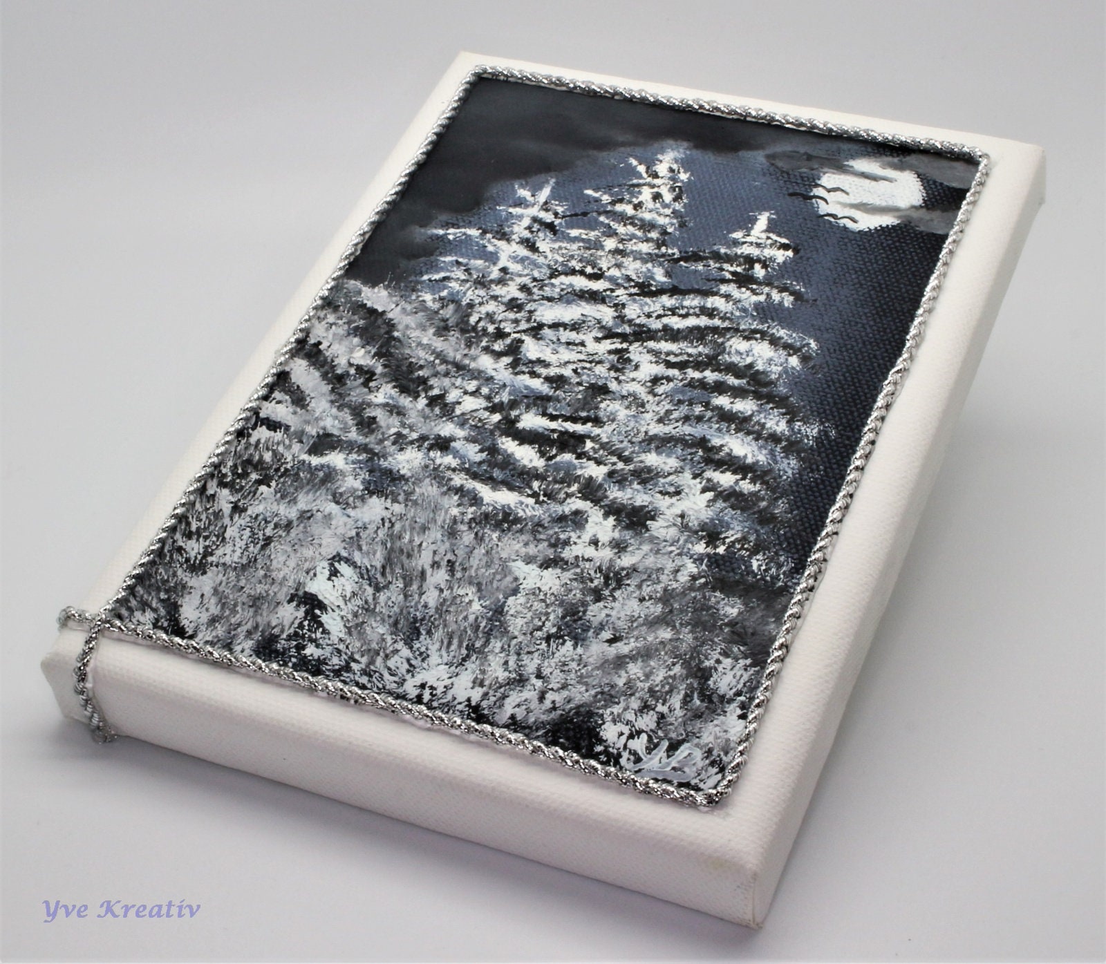 Kleines Ölbild 13cm x 18cm auf Leinwand - Keilrahmen „Vollmondnacht im Wald“ Handgemalt Einzelstück - Schwarz / Weiß  #699120994