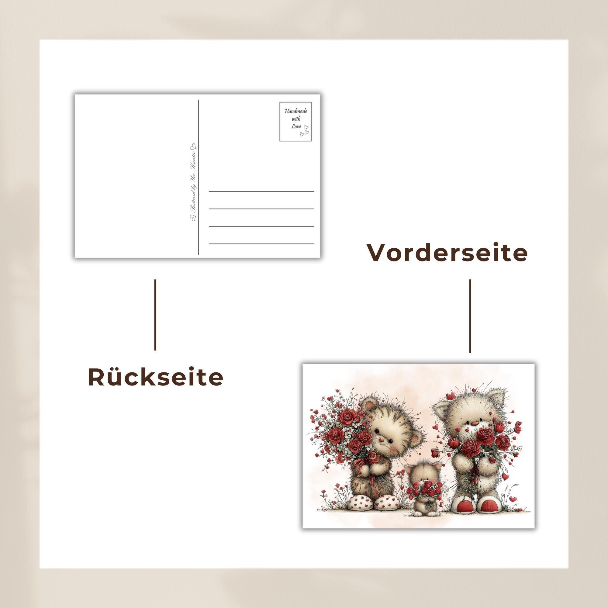 Postkarte zum Geburtstag oder Valentinstag Grußkarte für Katzenliebhaber niedliche Karte für liebe Grüße Katzen mit Rosenstrauß #PT5