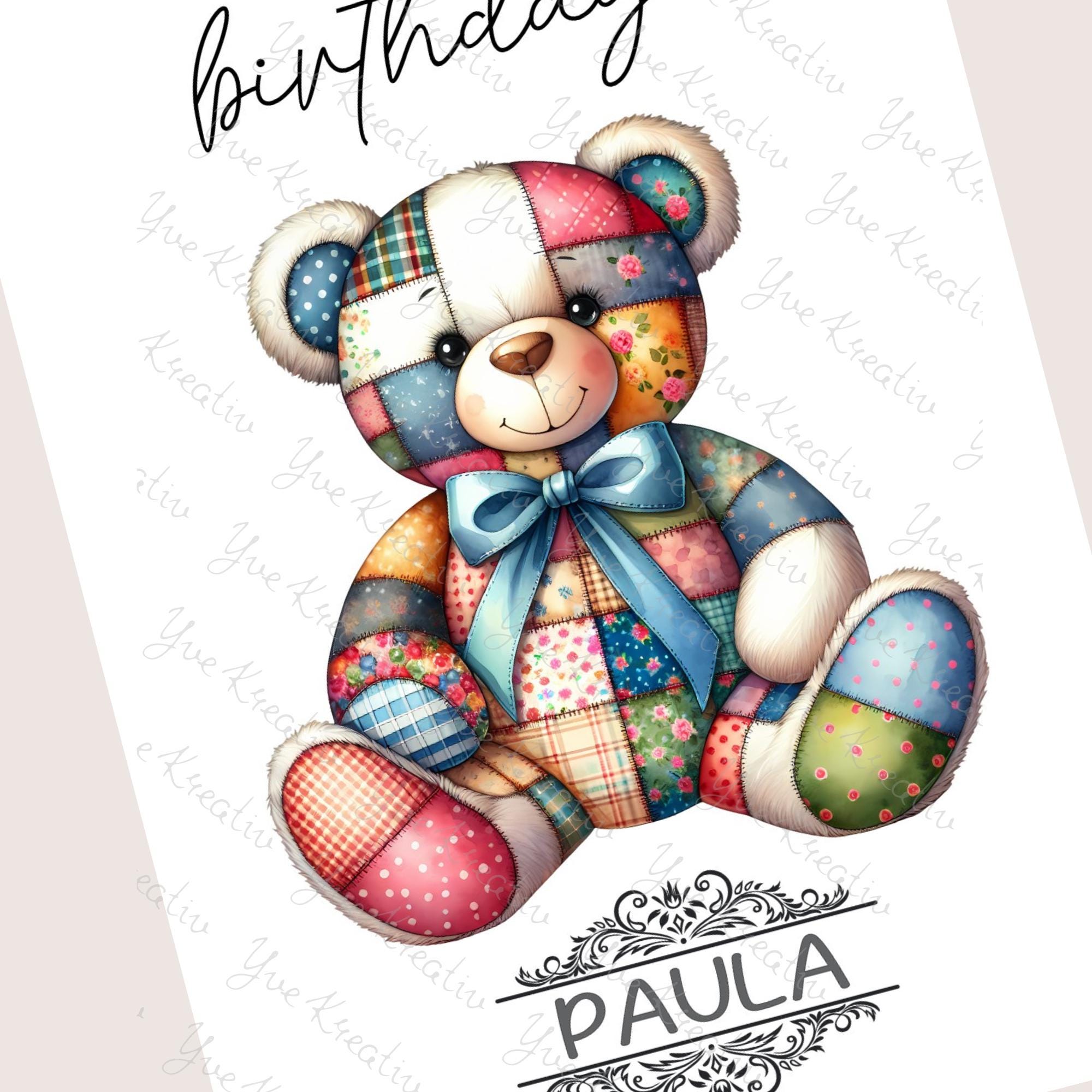 Postkarte personalisiert mit Namen Grußkarte Happy Birthday Karte Geburtstag Geburtstagskarte I Patchwork Teddy Bär #PHO