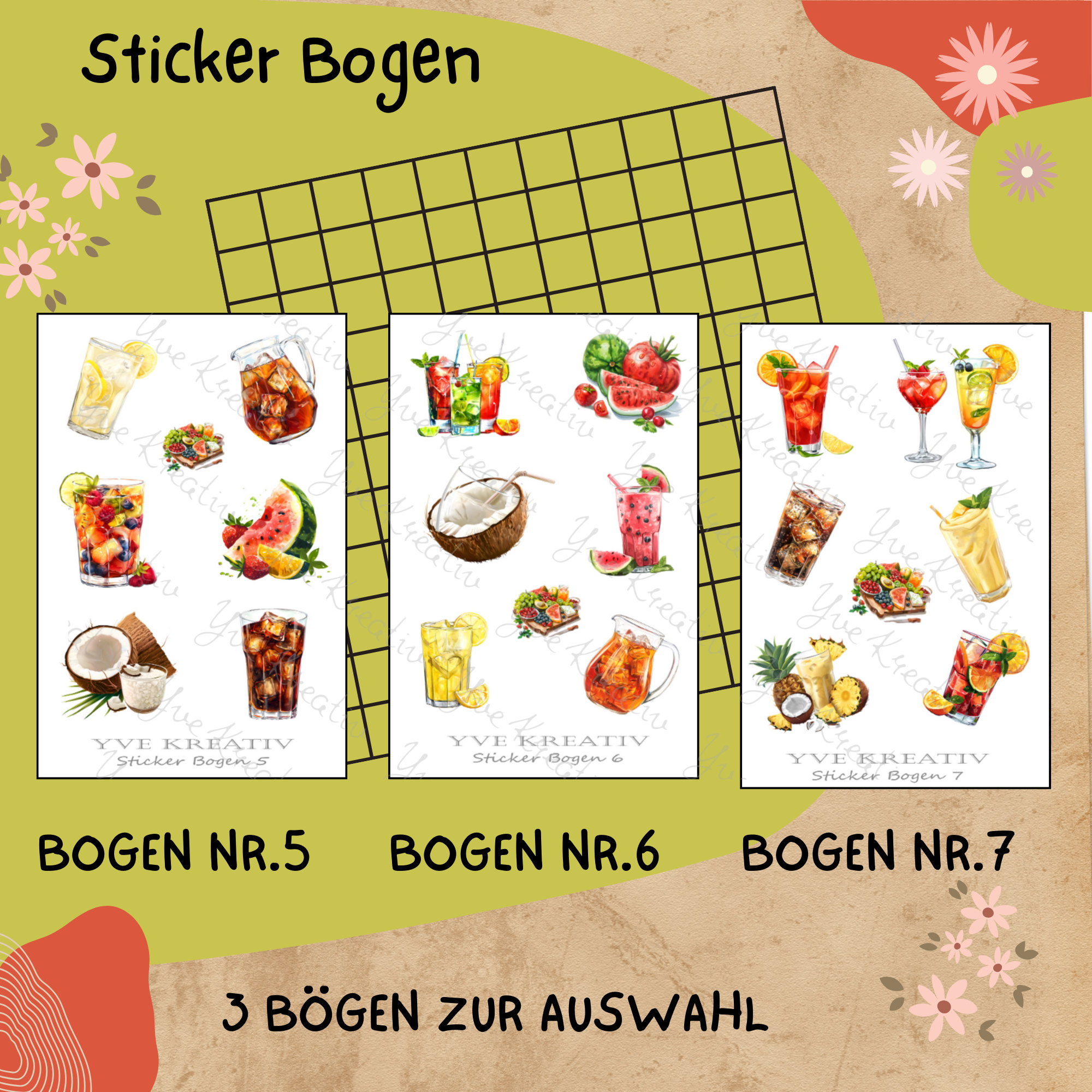 Sticker Bogen " Sommer Cocktail Party " | Sticker Set - Aufkleber 3 Stickerbogen zur Auswahl in Weiß - Transparent - Matt - Glanz  #SBA6