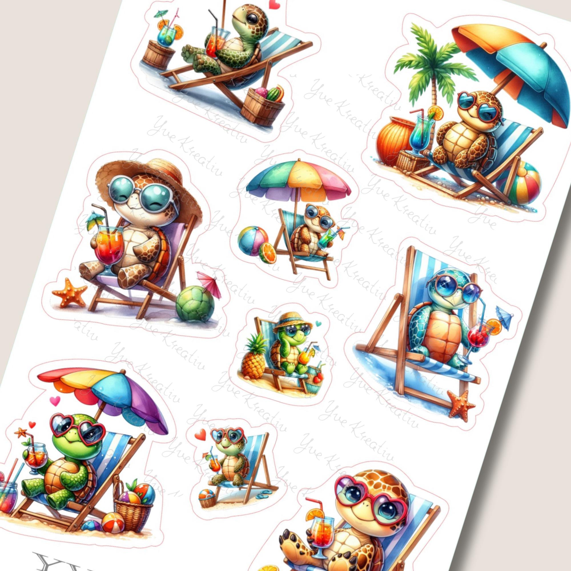 Aufkleber Urlaub Schildkröte Stickerbogen Strand Reise Sticker Set - 3 Bögen zur Auswahl in Weiß - Transparent - Matt - Glanz  #SBA6