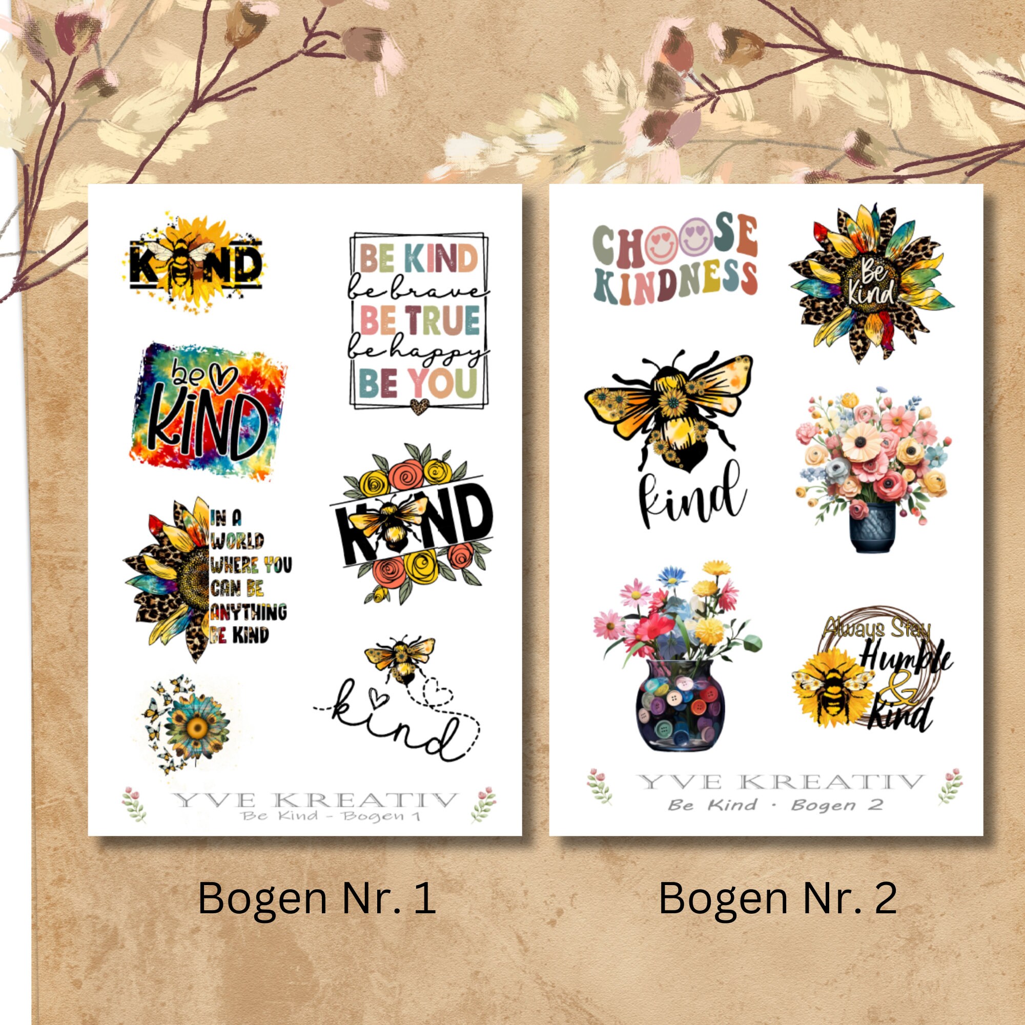 Sticker Bogen "Be Kind" | Sticker Set - Aufkleber 2 Stickerbogen zur Auswahl in Weiß - Transparent - Matt - Glanz  #SBA6