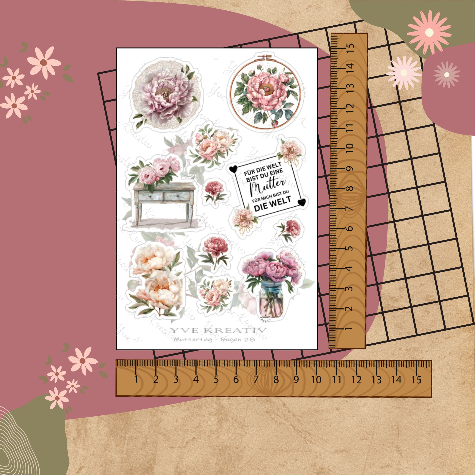 Sticker Aufkleber " Muttertag Nostalgie Pfingstrose " | Sticker Set - 3 Stickerbogen zur Auswahl in Weiß - Transparent - Matt - Glanz #SBA6