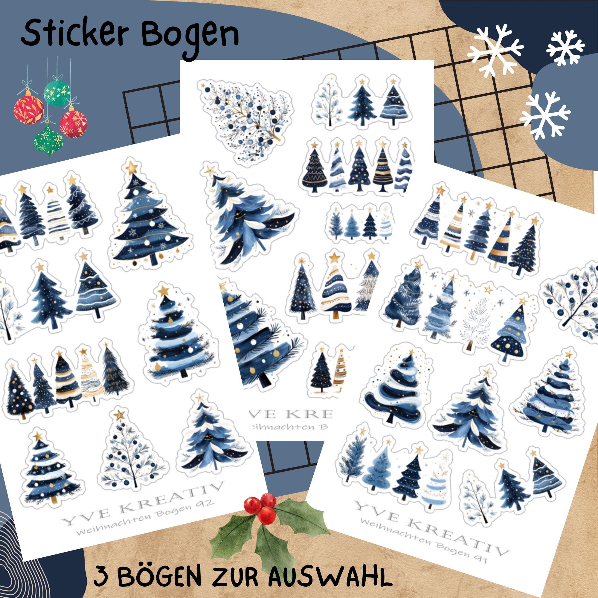 Aufkleber Sticker Bogen "Weihnachten Tannenbäume Wald" | Sticker Set -3 Stickerbogen zur Auswahl in Weiß - Transparent - Matt - Glanz  #SBA6