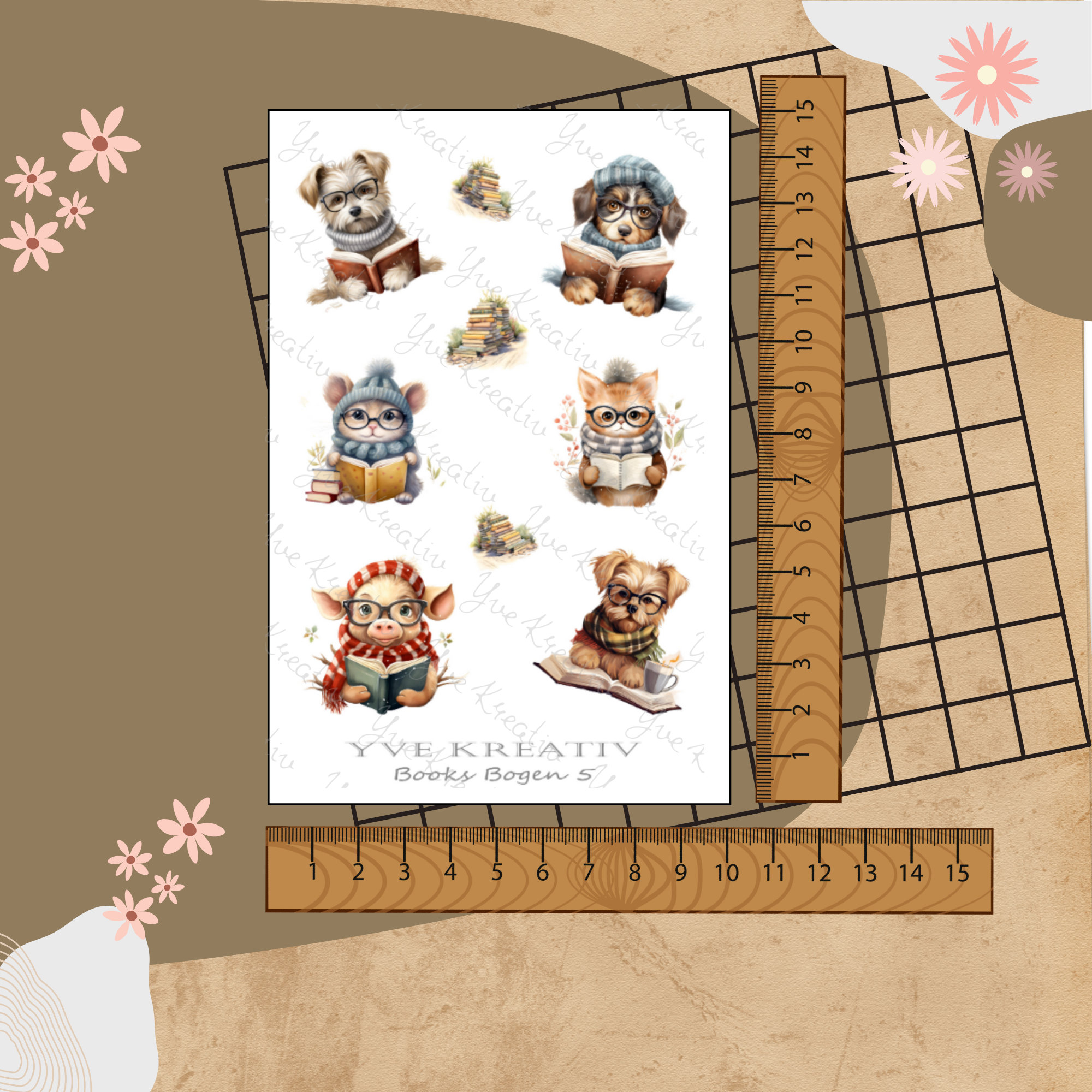 Sticker Bogen " Bücher Lesen - Tiere " | Sticker Set - Aufkleber 3 Stickerbogen zur Auswahl in Weiß - Transparent - Matt - Glanz  #SBA6