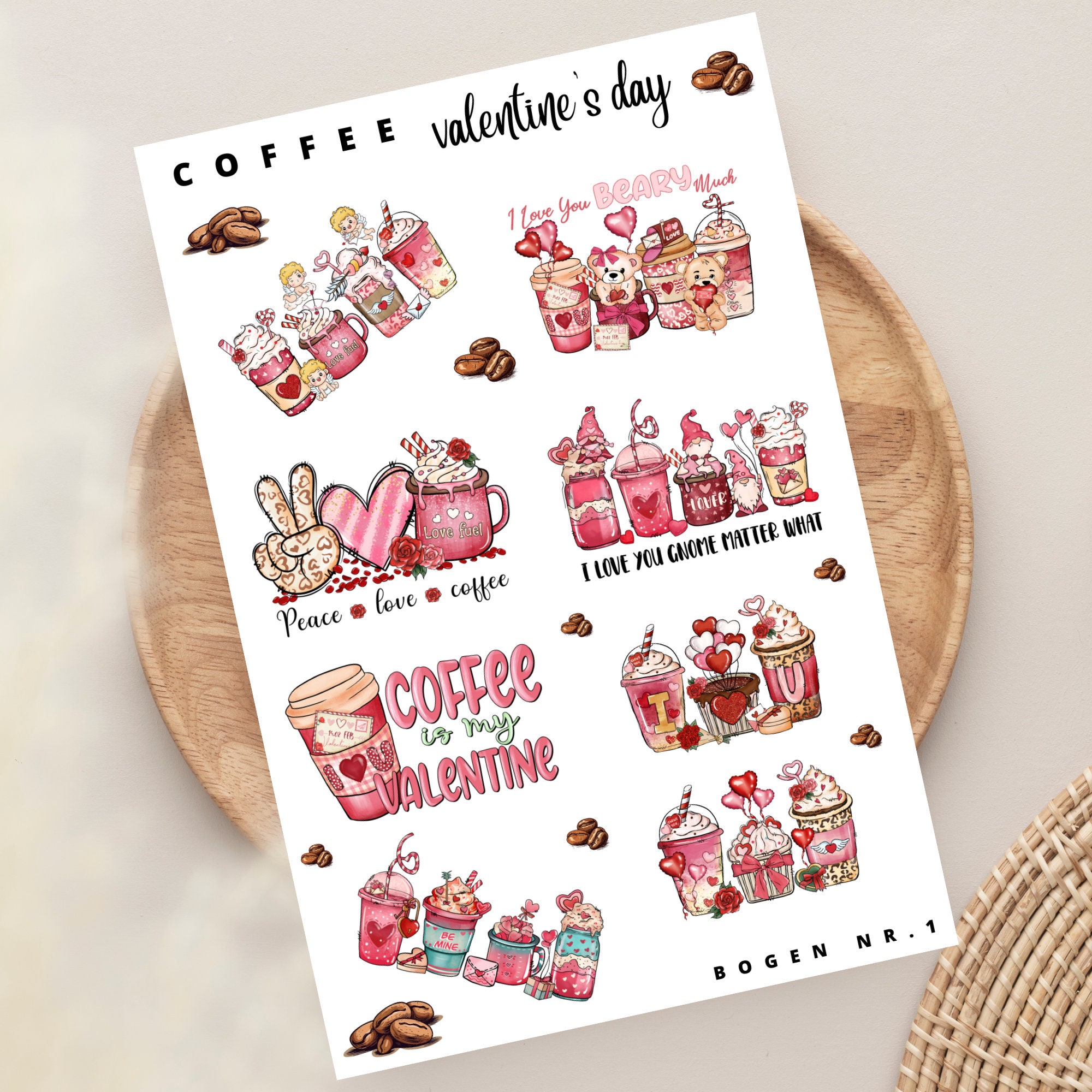 Sticker Bogen - Kaffee Valentinstag | Sticker Set - Journal Sticker - Aufkleber Stickerbogen 