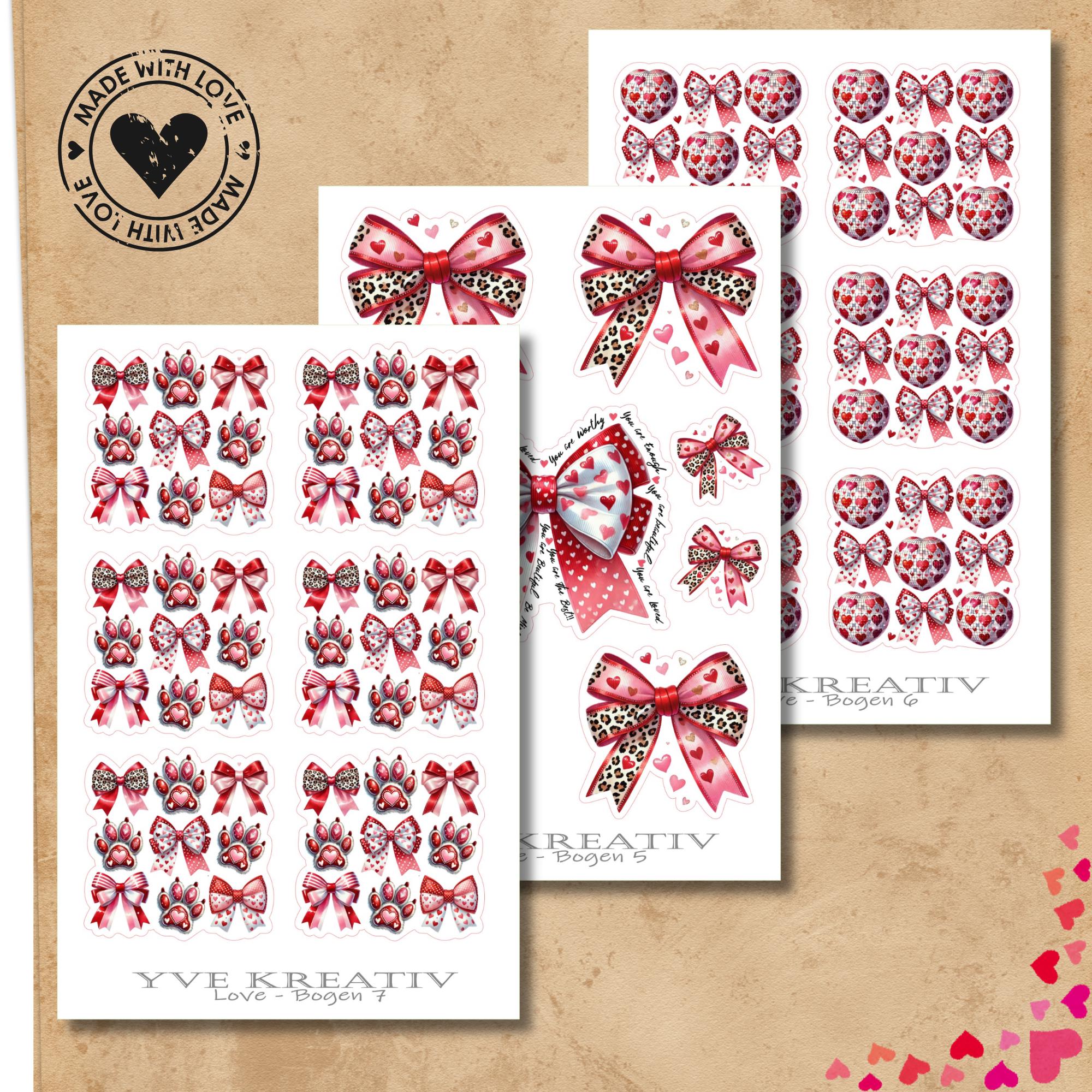 Aufkleber Sticker " Herzen - Pfoten - Schleifen " | Sticker Set - 3 Stickerbogen zur Auswahl in Weiß - Transparent - Matt - Glanz  #SBA6