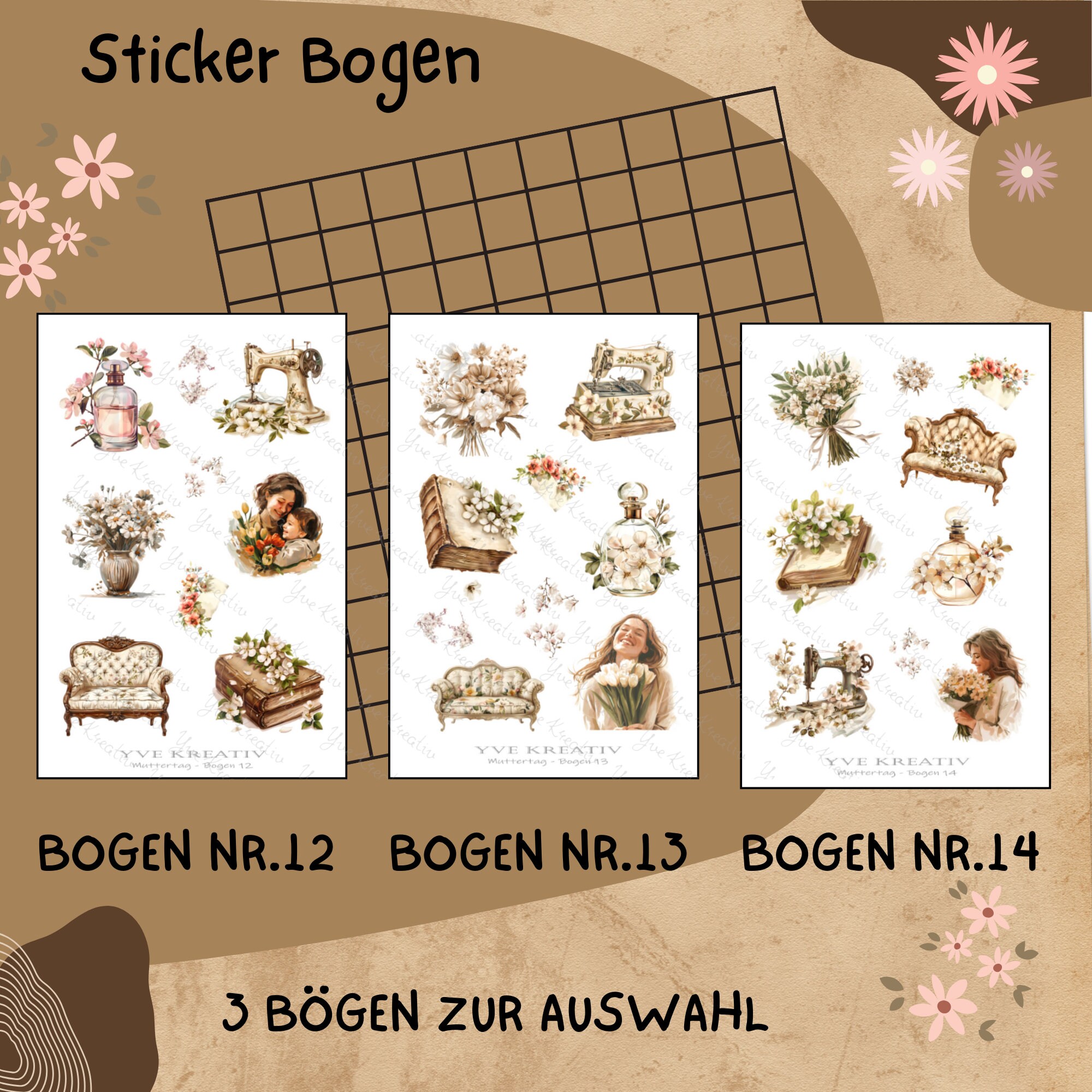 Sticker Bogen " Muttertag Nostalgie Vintage " | Sticker Set - Aufkleber 3 Stickerbogen zur Auswahl in Weiß - Transparent - Matt - Glanz