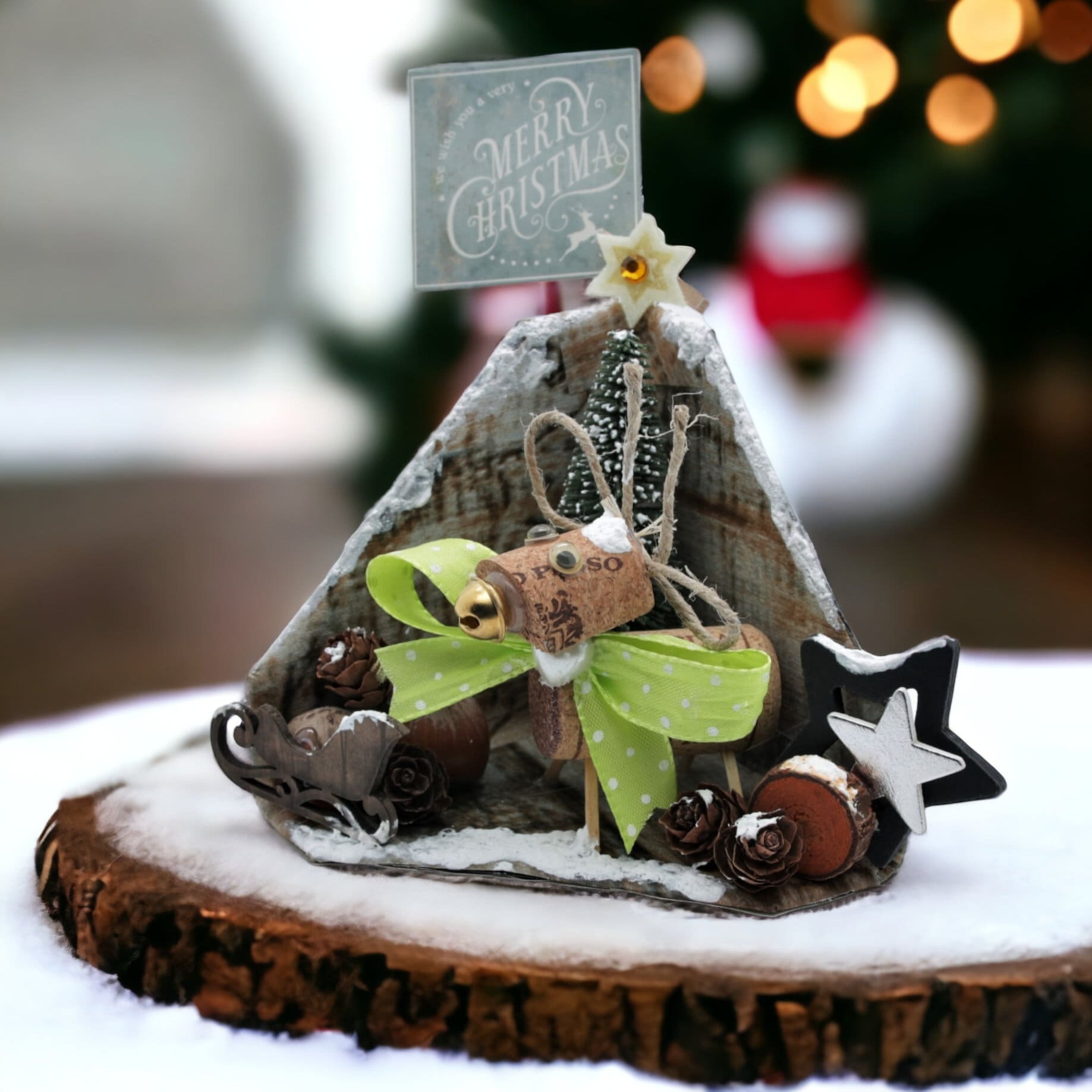 Weihnachtsdekoration aus Kork Holz Kunststoff, "Rentier im Wald" für Geldgeschenke - Gutschein