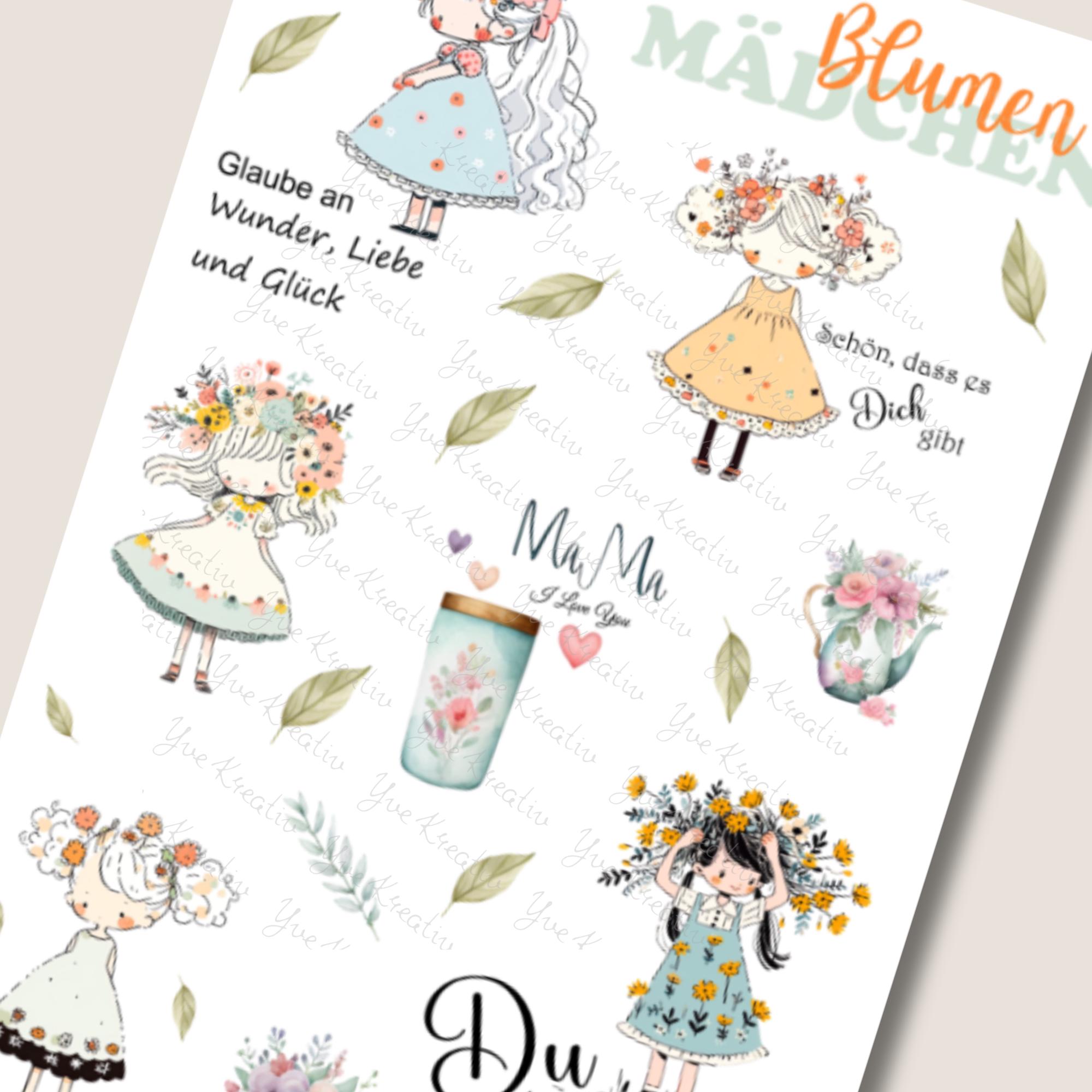 Aufkleber Blumenmädchen Sticker Bogen Blumen Stickerbogen Motivation 3 Bögen zur Auswahl in Weiß - Transparent - Matt - Glanz #SBA6