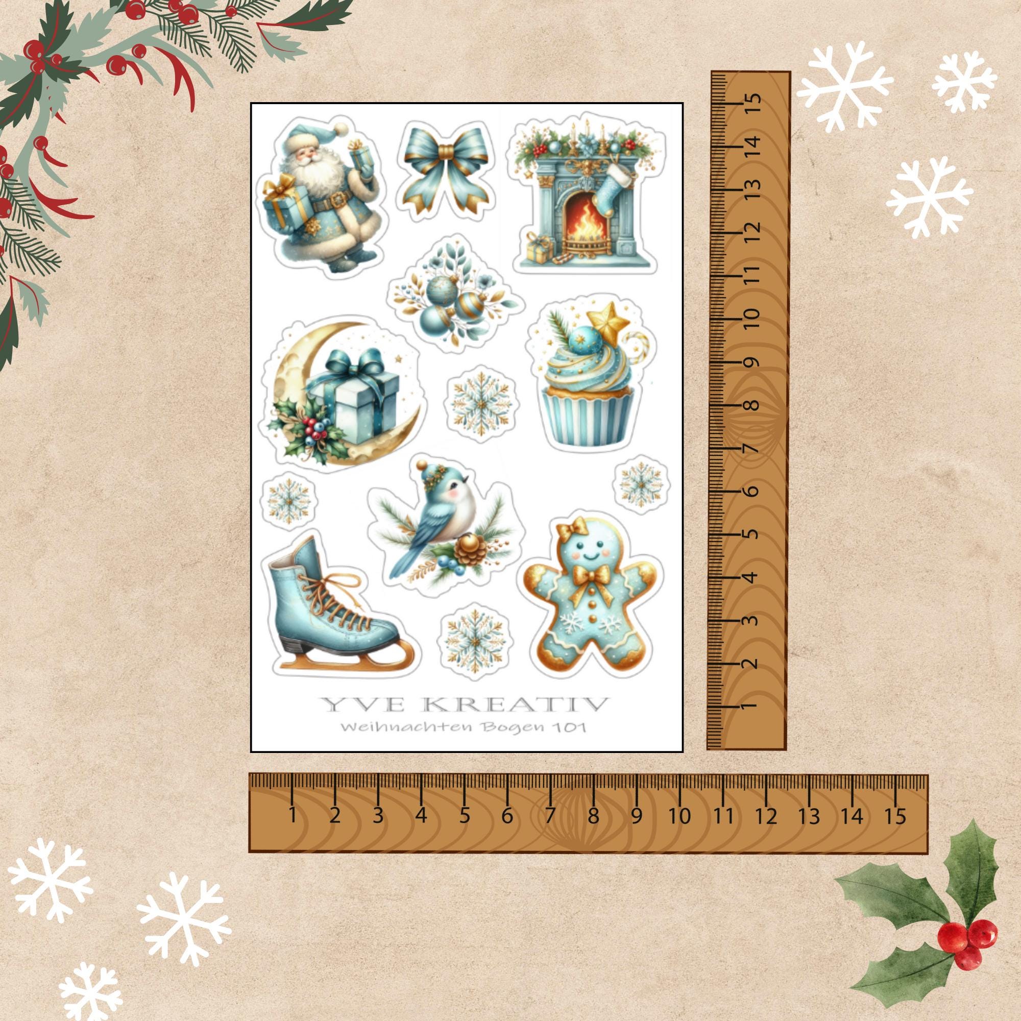 Aufkleber Weihnachtssticker Bogen "Weihnachten Türkis" | Sticker Set -3 Stickerbogen zur Auswahl in Weiß - Transparent - Matt - Glanz  #SBA6