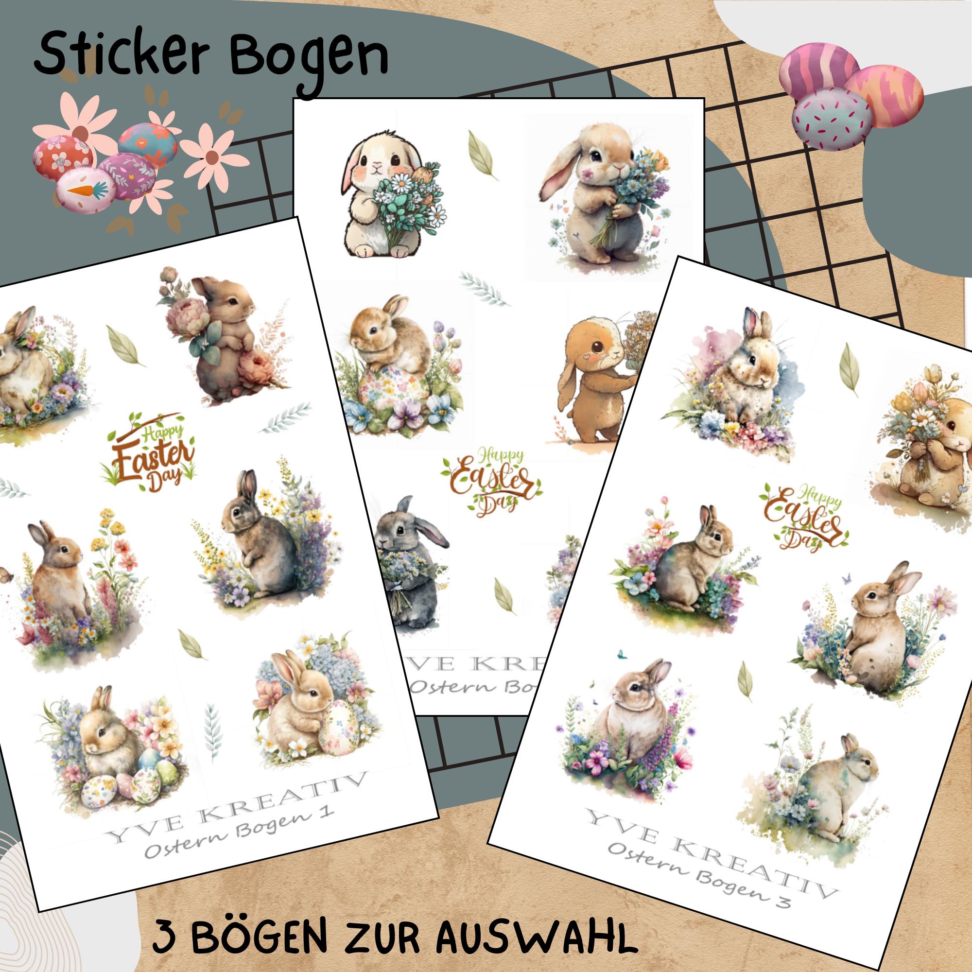 Sticker Bogen " Ostern - niedliche Häschen " | Sticker Set - Aufkleber 3 Stickerbogen zur Auswahl in Weiß - Transparent - Matt - Glanz #SBA6
