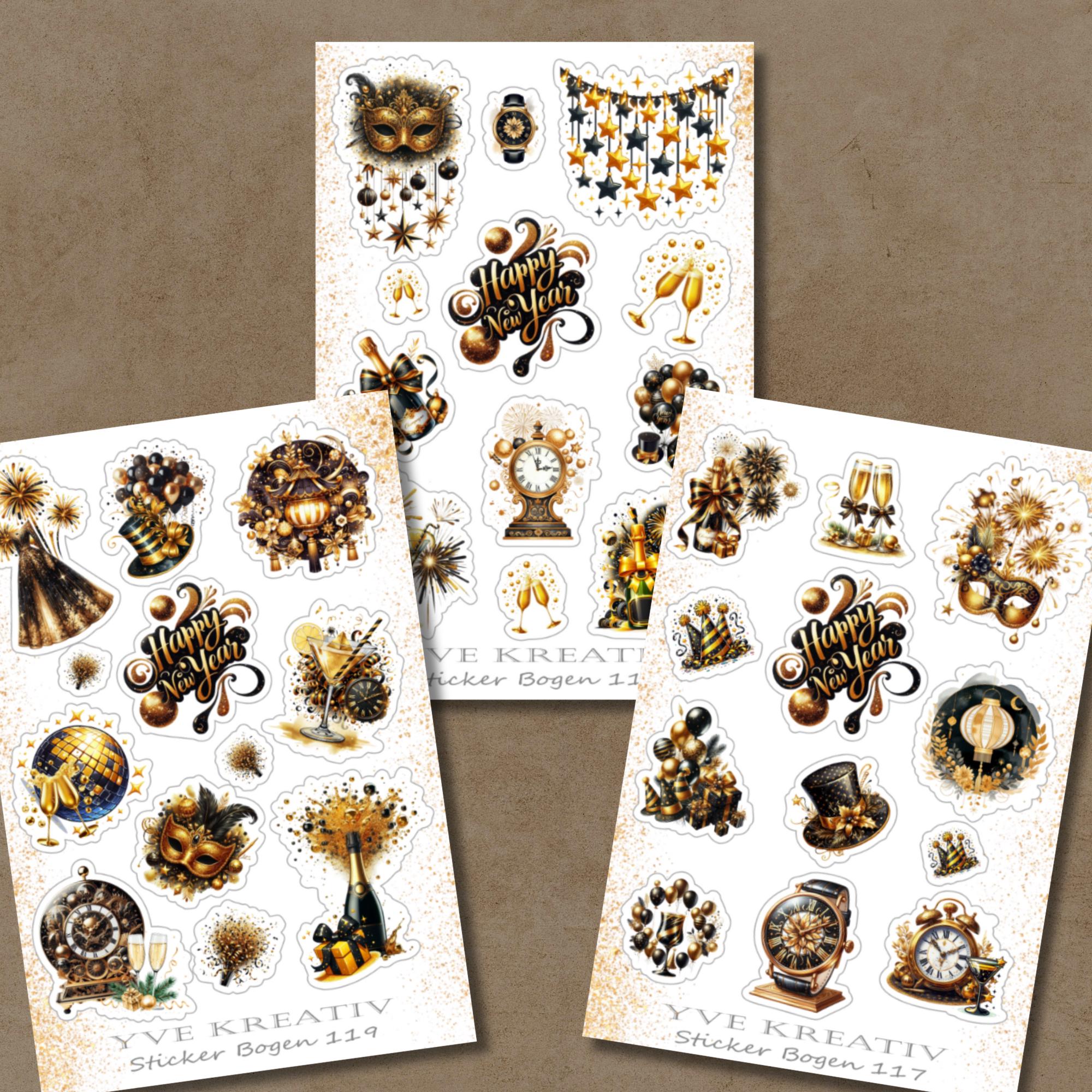 Aufkleber Sticker Bogen "Happy New Year, Silvester" | Sticker Set - 3 Stickerbogen zur Auswahl in Weiß - Transparent - Matt - Glanz  #SBA6