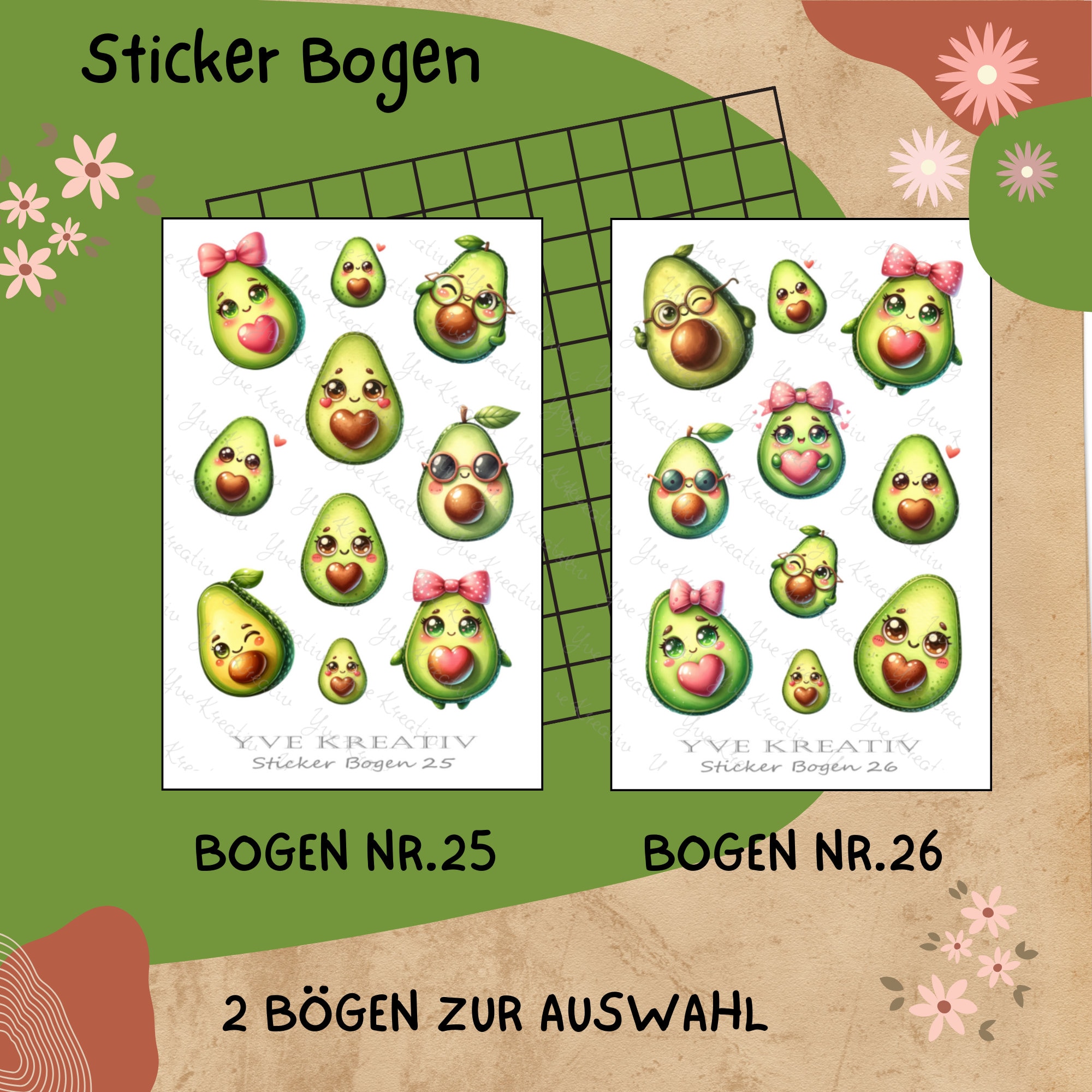 Sticker Bogen " Funny Avocado "  | Set - Aufkleber 2 Stickerbogen zur Auswahl in Weiß - Transparent - Matt - Glanz