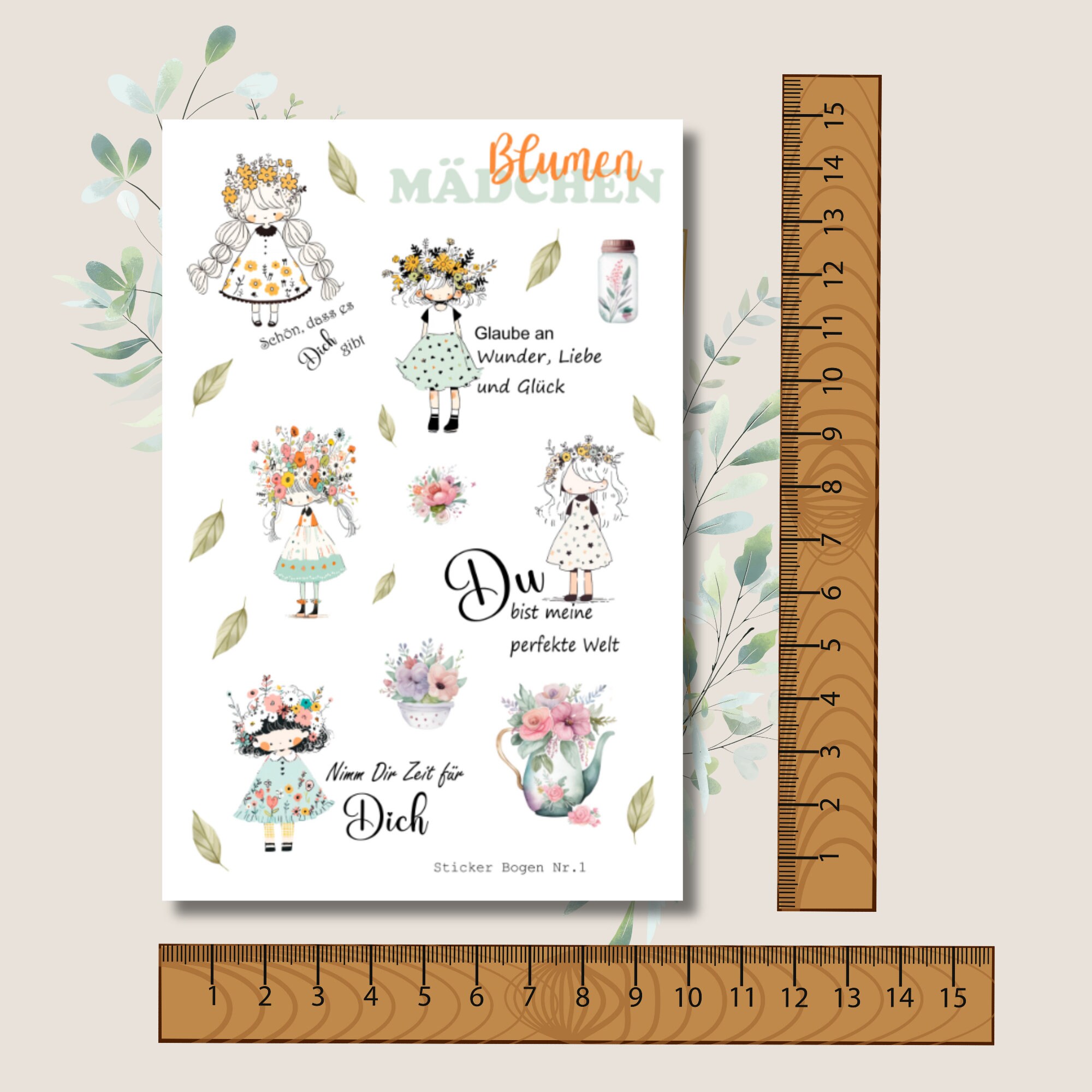 Stickerbogen Aufkleber  Stickerbogen "Blumen Mädchen" | Sticker Set - 3 Stickerbogen zur Auswahl in Weiß - Transparent - Matt - Glanz #SBA6