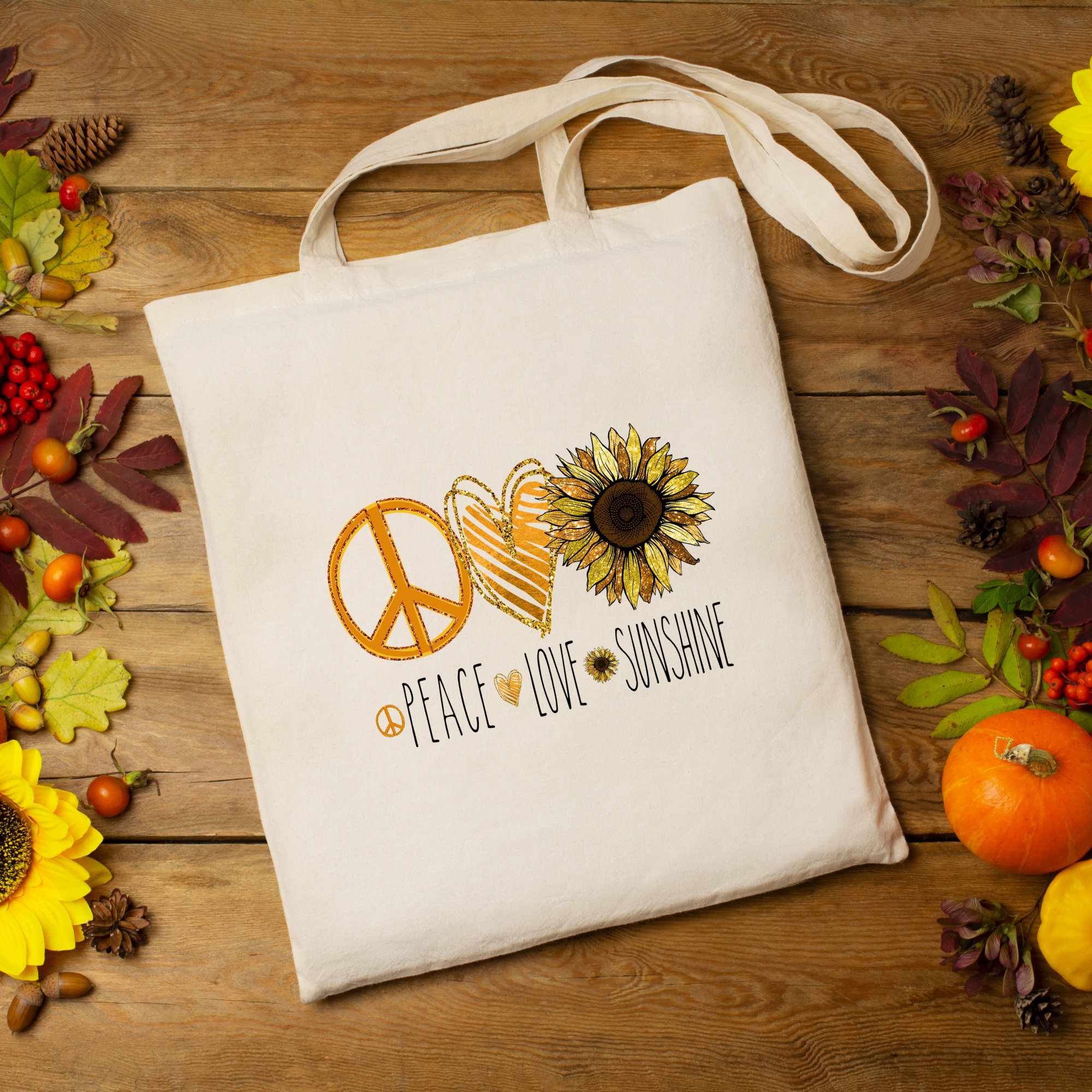 Stofftasche, Stoffbeutel, Einkaufstasche, Tasche, Geschenk in Weiß oder Beige "Peace, Love, Sonnenblume, Sonnenschein"