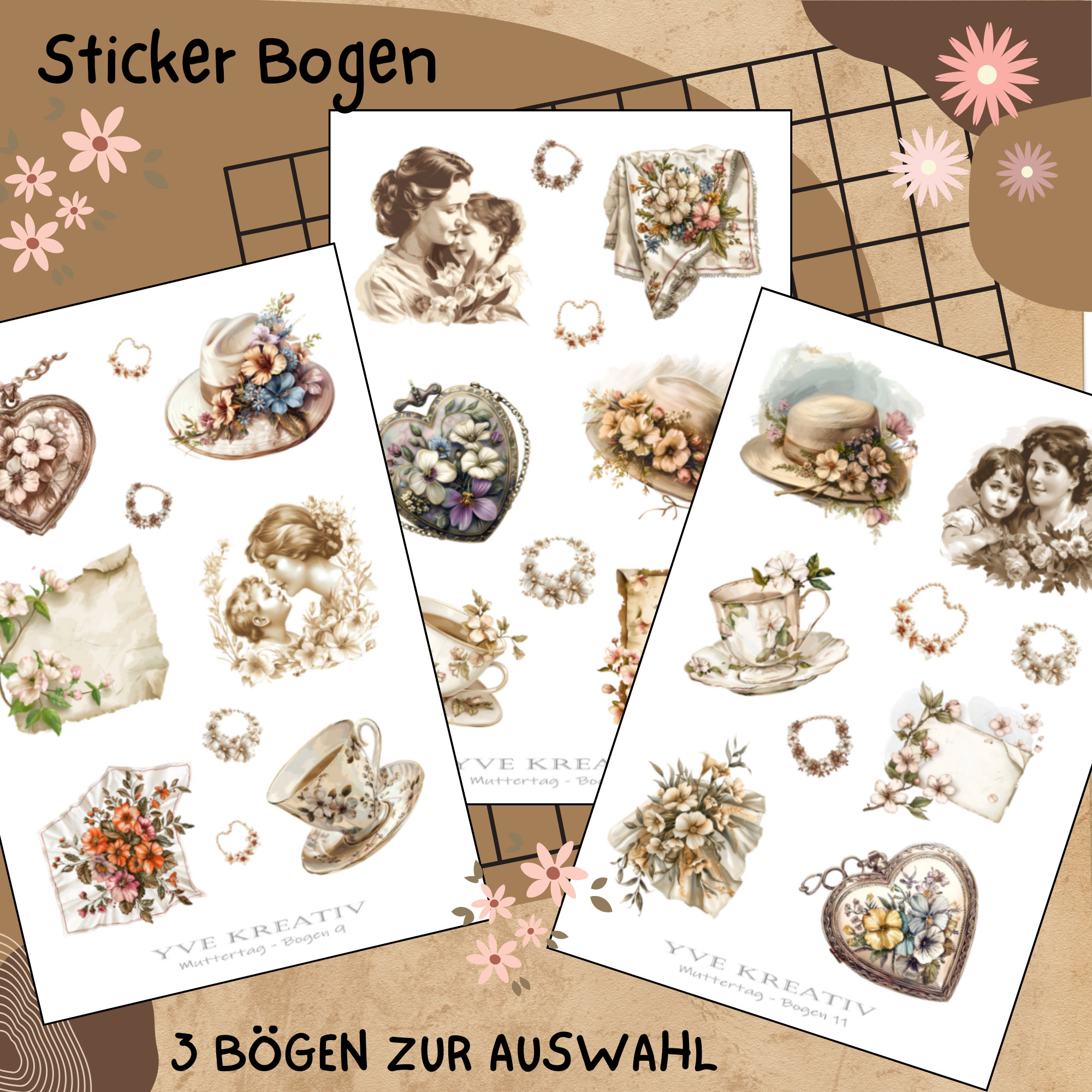 Sticker Bogen " Muttertag Nostalgie Vintage " | Sticker Set - Aufkleber 3 Stickerbogen zur Auswahl in Weiß - Transparent - Matt - Glanz