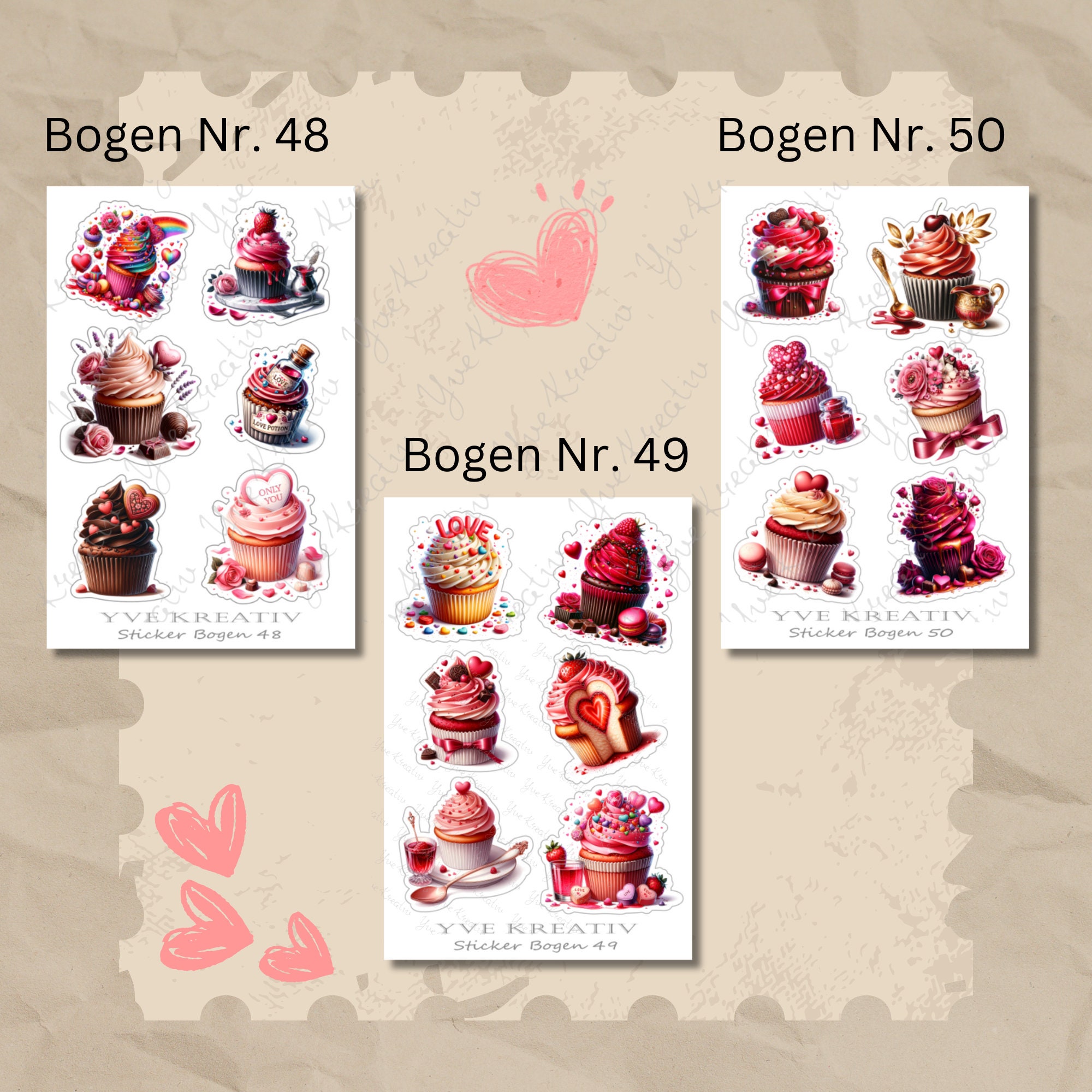Sticker Bogen, Aufkleber, Cupcake, Muffin | Sticker Set - 3 Stickerbogen zur Auswahl in Weiß - Transparent - Matt - Glanz  #SBA6