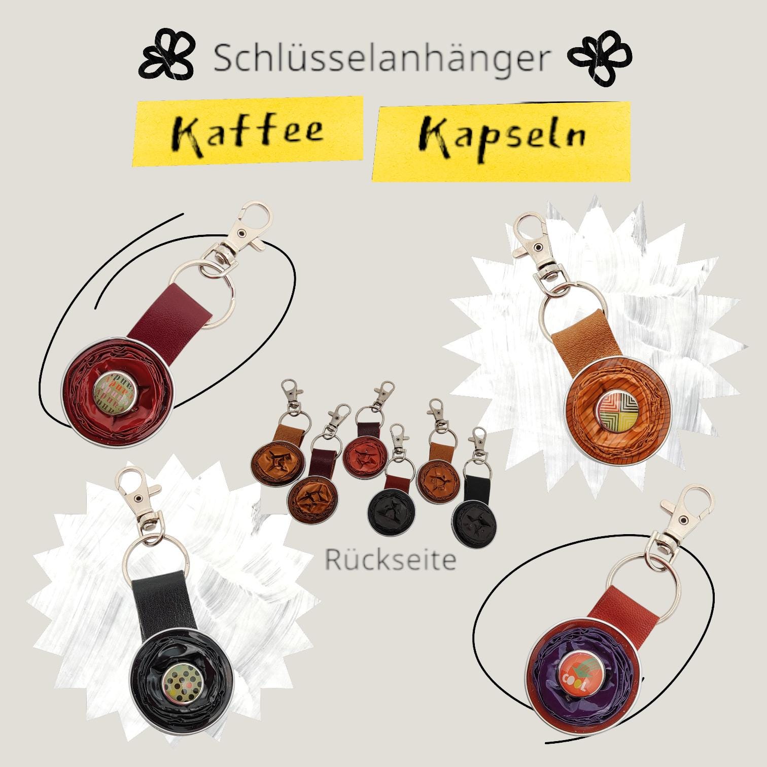 Schlüsselanhänger aus Kaffeekapseln und Leder Karabineranhänger Taschenbaumler Upcycling Anhänger Geschenk Kaffeetrinker #1836439575 Schlüsselanhänger aus Kaffeekapseln und Leder Karabineranhänger Taschenbaumler Upcycling Anhänger Geschenk Kaffeetrinker #1836439575