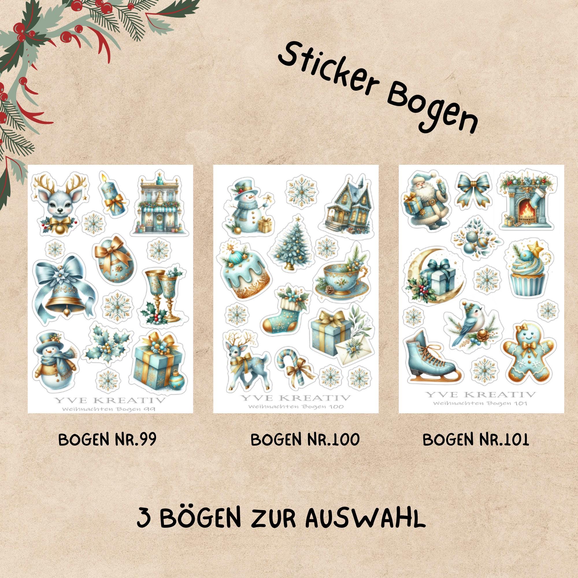 Aufkleber Weihnachtssticker Bogen "Weihnachten Türkis" | Sticker Set -3 Stickerbogen zur Auswahl in Weiß - Transparent - Matt - Glanz  #SBA6