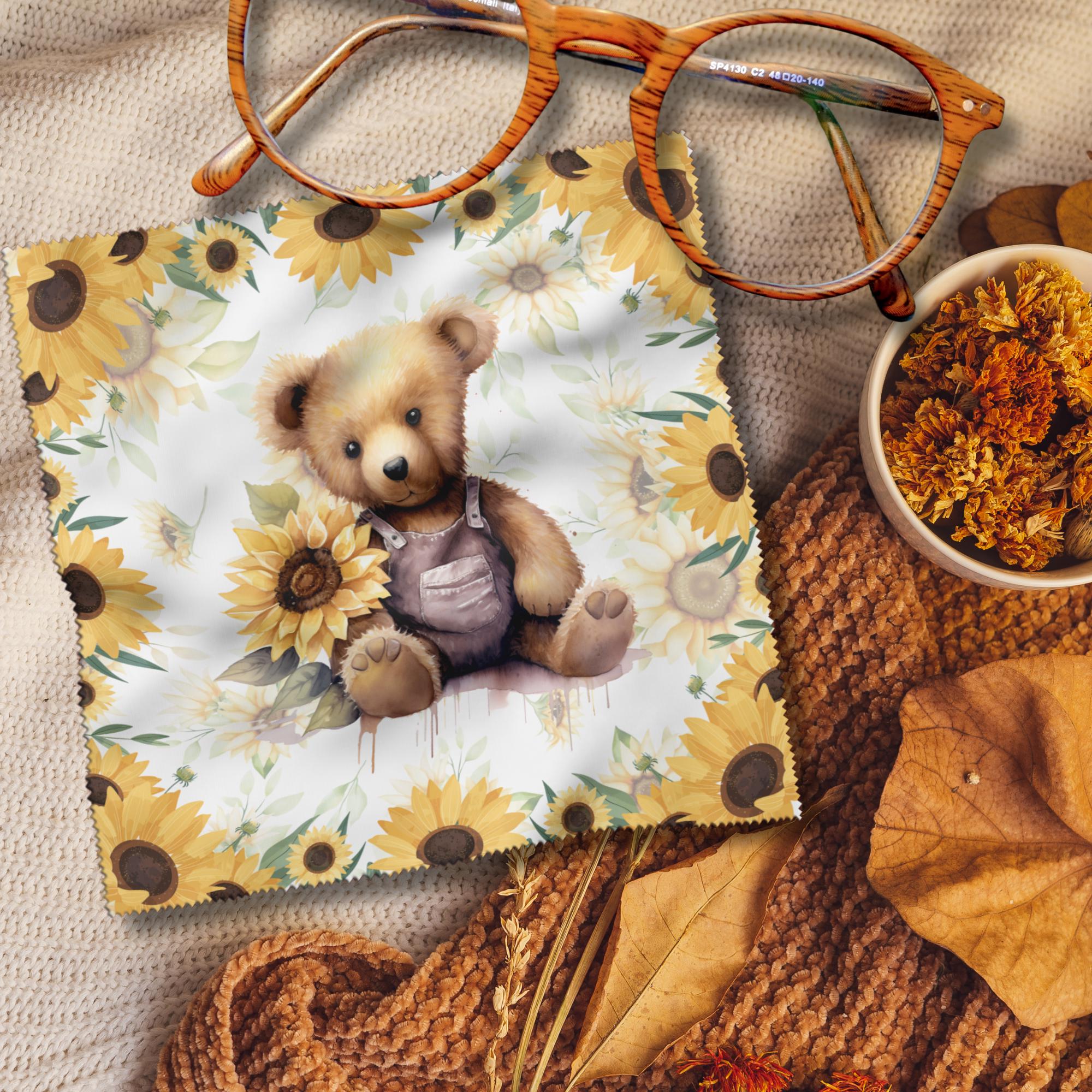 Brillenputztuch Teddy Bär Geschenk Freundin Mitbringsel Sonnenblume bedrucktes Mikrofasertuch für Sonnenbrille Brillentuch #TI151
