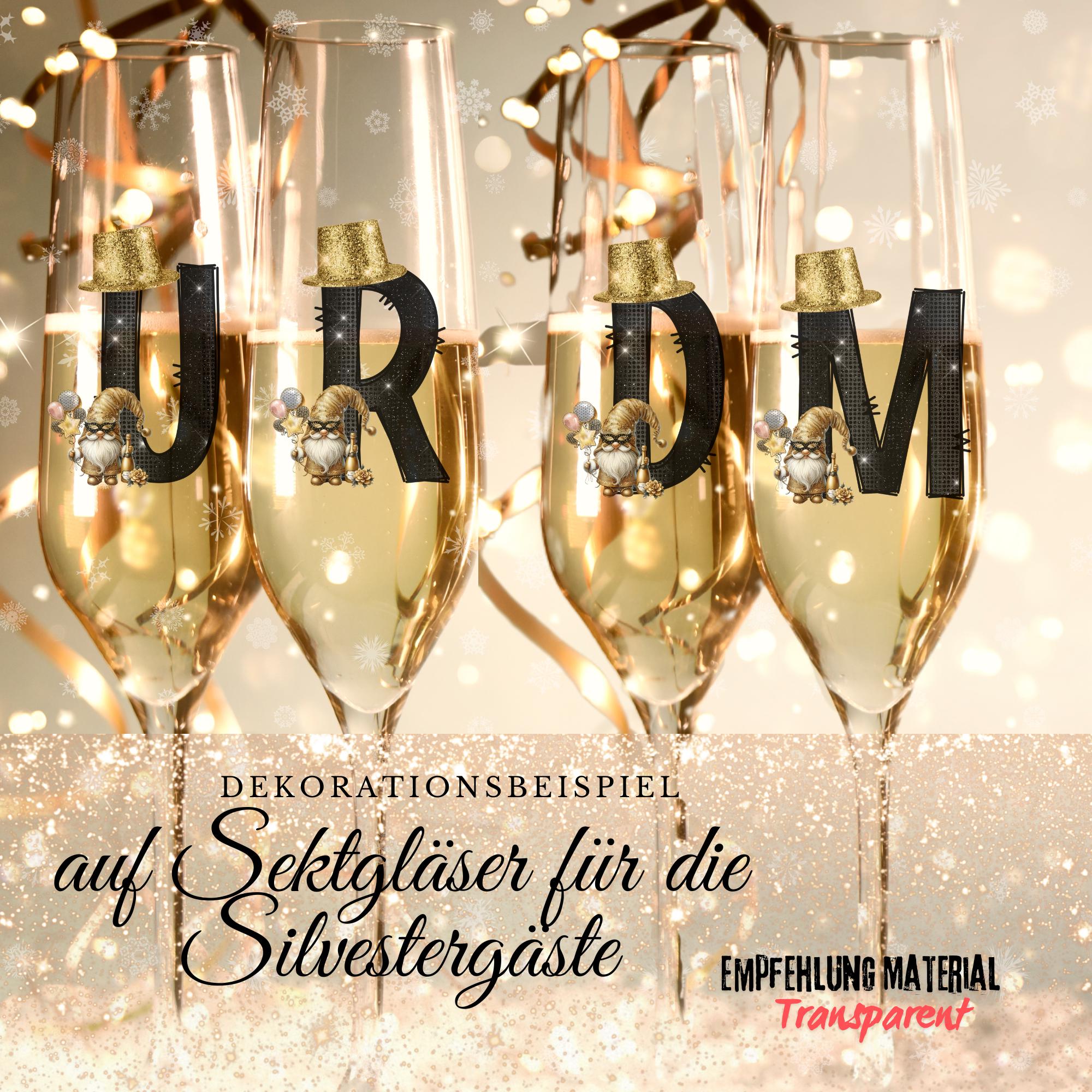 Großer Aufkleber, ABC Sticker, Silvester, Happy New Year, goldene Wichtel, zur Auswahl in Weiß oder Transparent  #SEG8