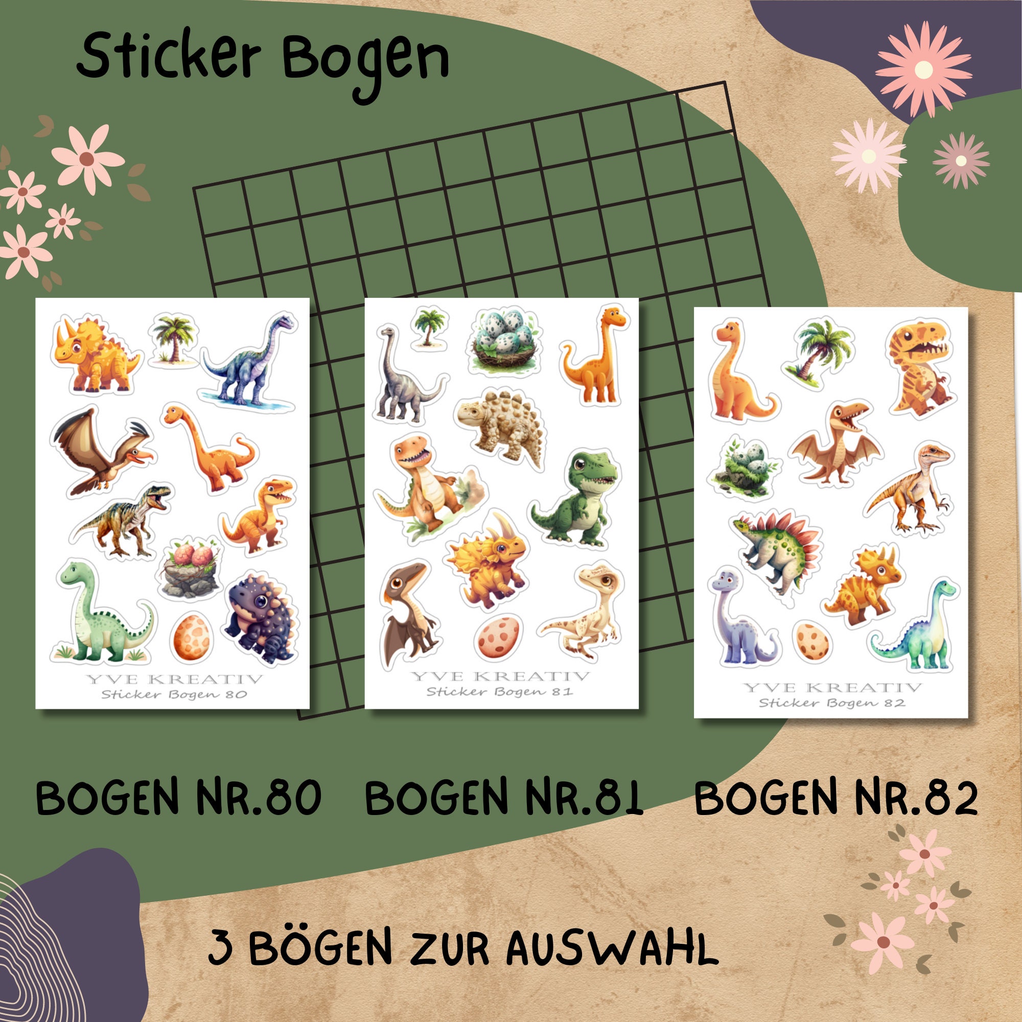 Aufkleber, Sticker Bogen, Dinos, Dinosaurier | Sticker Set - 3 Stickerbogen zur Auswahl in Weiß - Transparent - Matt - Glanz  #SBA6