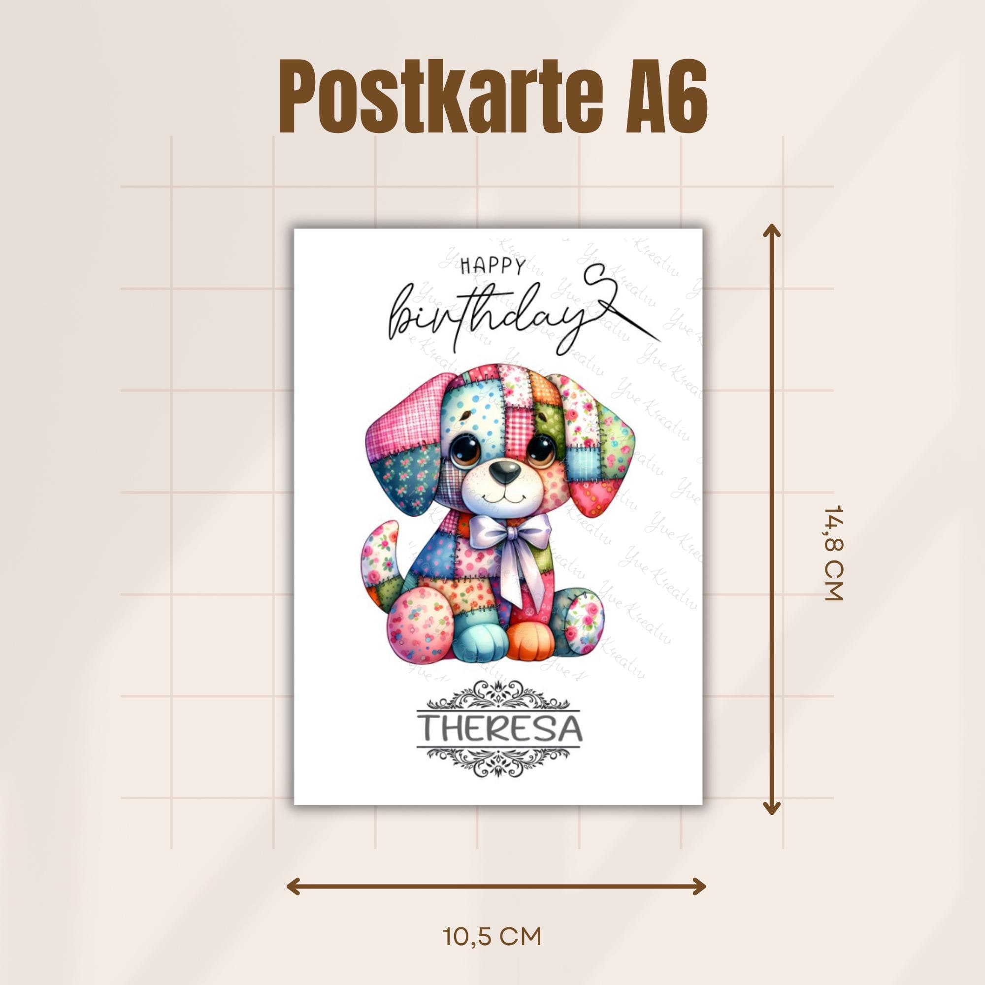 Postkarte Hund personalisiert mit Namen Grußkarte Happy Birthday Karte Geburtstag Geburtstagskarte Patchwork Stil #PHO Postkarte Hund personalisiert mit Namen Grußkarte Happy Birthday Karte Geburtstag Geburtstagskarte Patchwork Stil #PHO