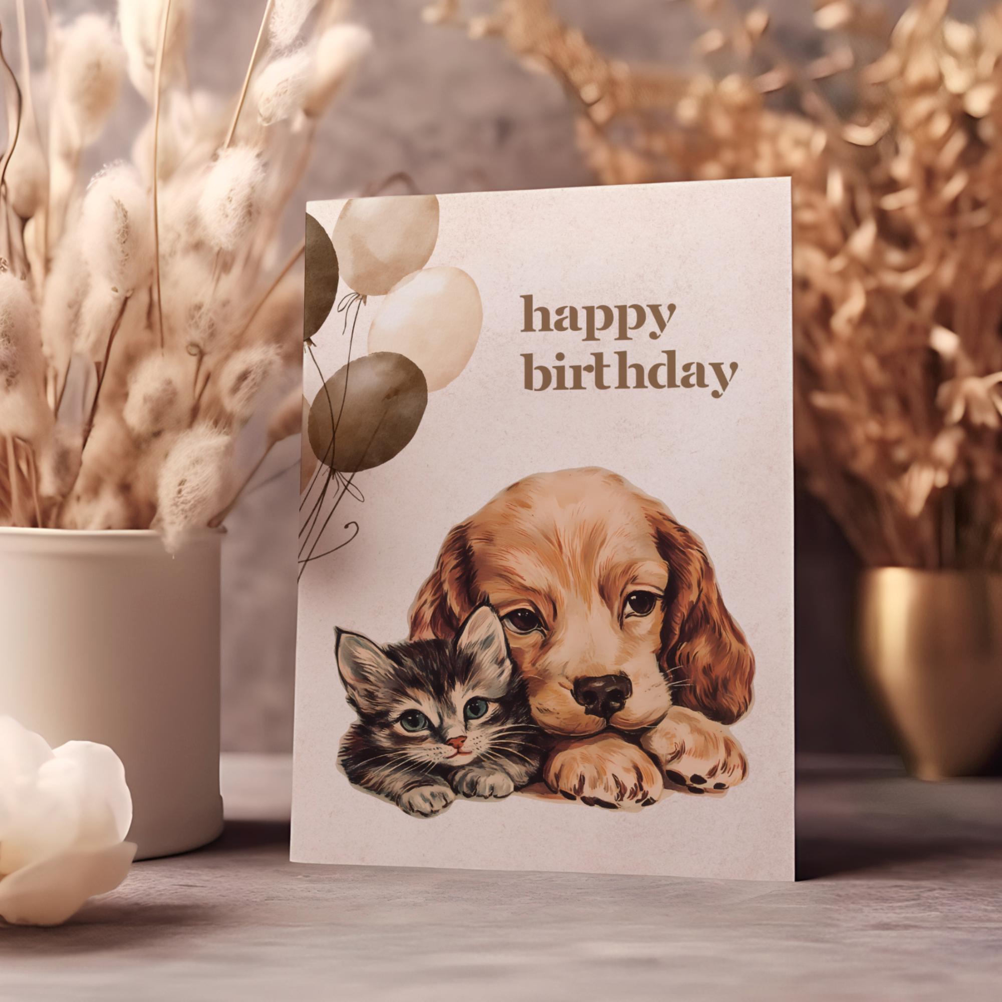 Postkarte zum Geburtstag, Grußkarte, Karte mit Hund und Katze, Grußkarte Happy Birthday in DIN A6 auf Papier mit Leinenstruktur #PLS