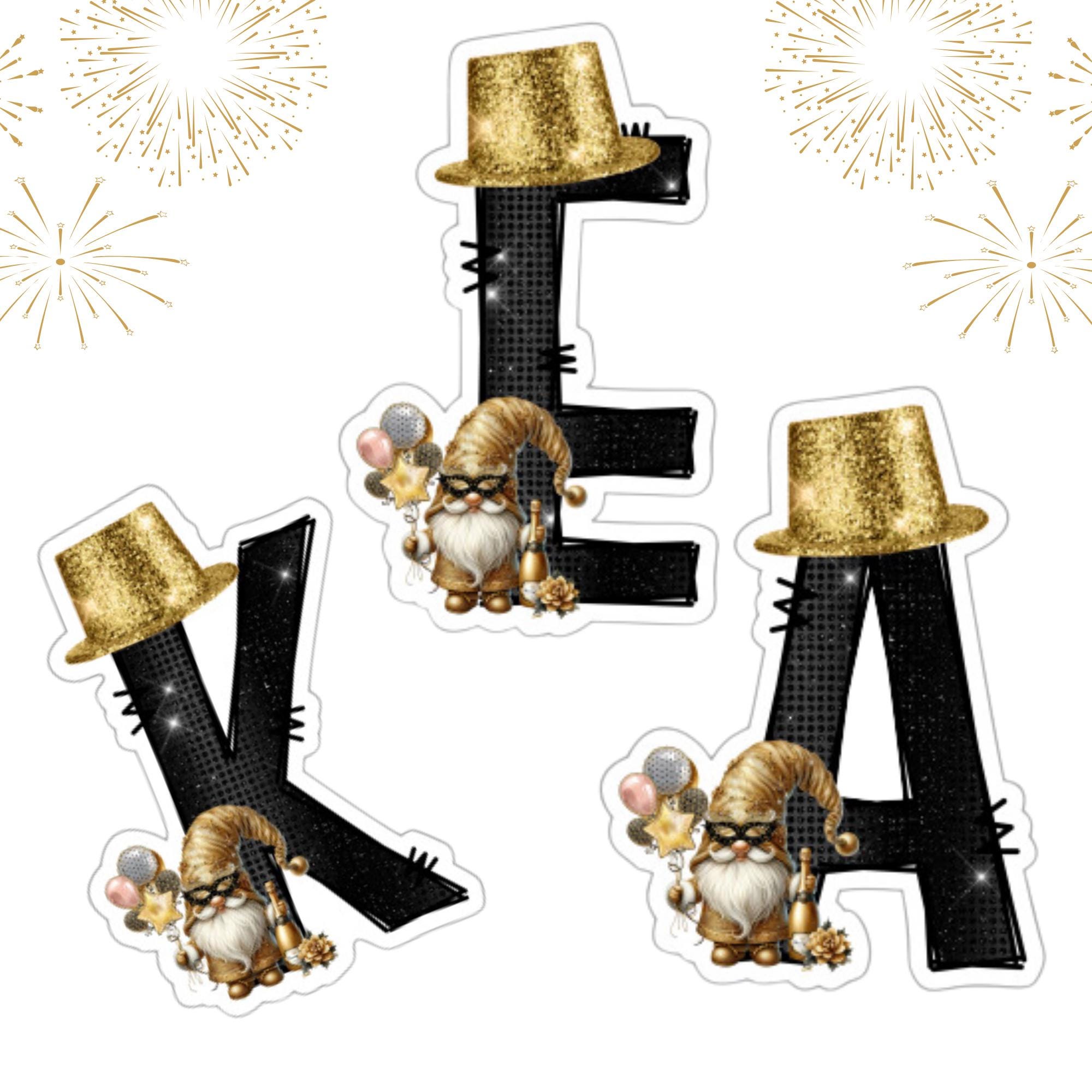 Großer Aufkleber, ABC Sticker, Silvester, Happy New Year, goldene Wichtel, zur Auswahl in Weiß oder Transparent  #SEG8