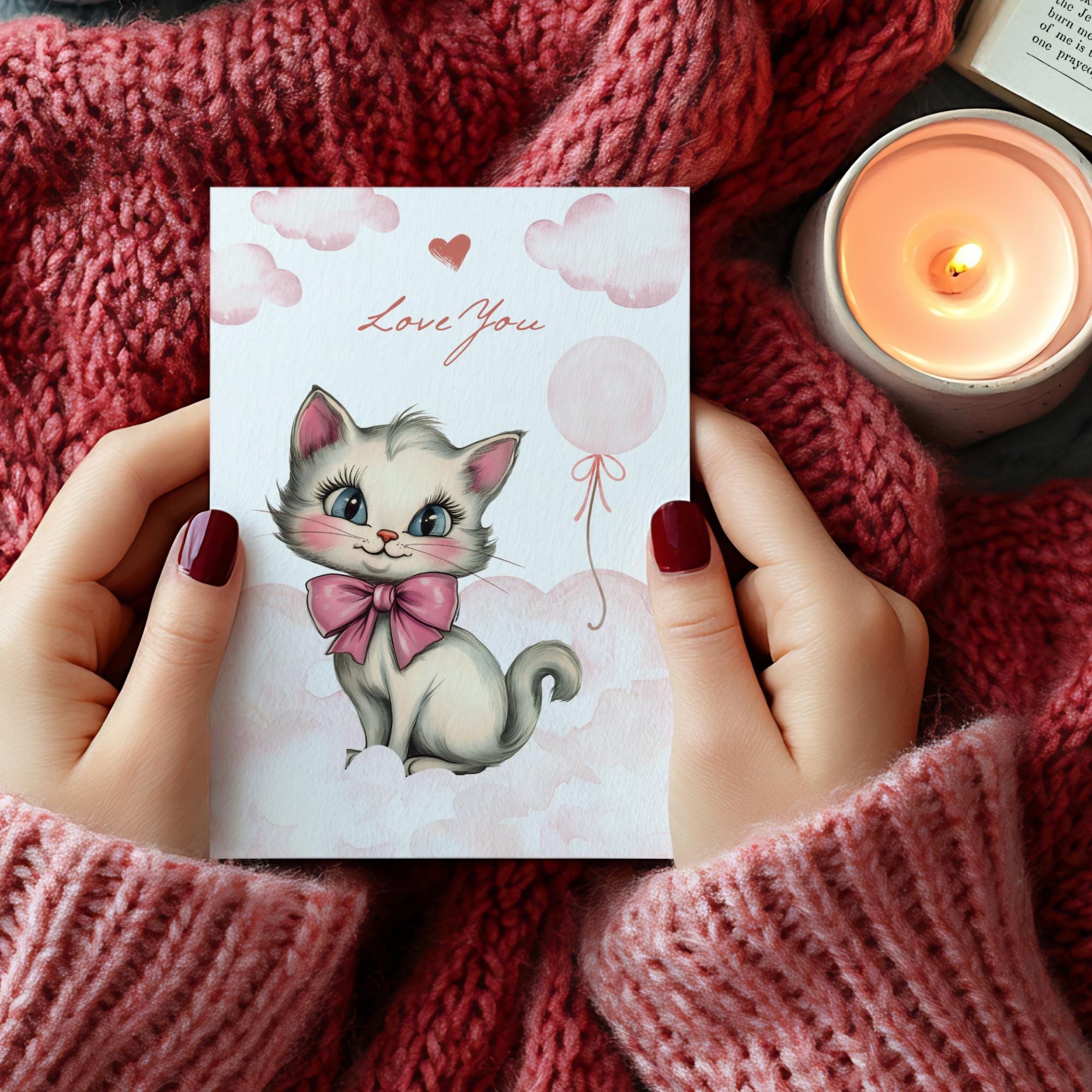 Postkarte zum Valentinstag oder Muttertag, Grußkarte, Karte mit Katze, Grußkarte Love You in DIN A6 auf Karte mit Leinenstruktur #PLS
