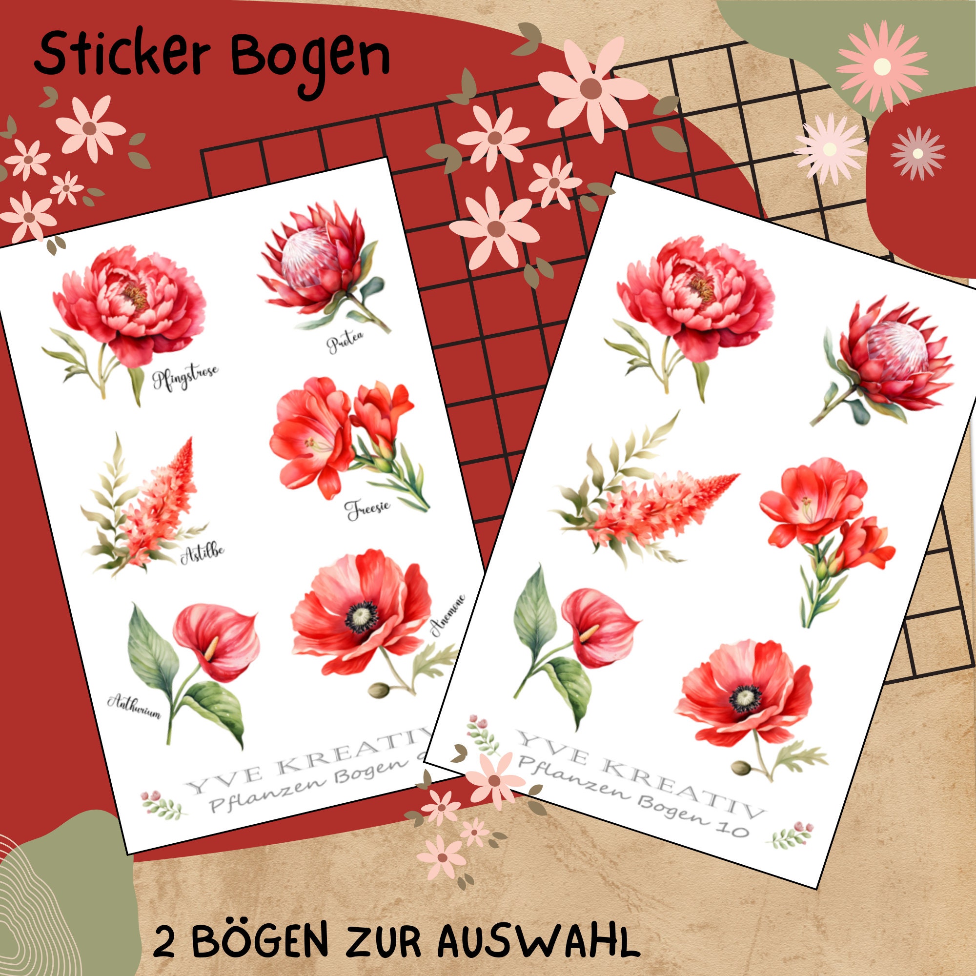 Sticker Bogen "Pflanzen Pflanzenkunde Blumen Rot " | Set - Aufkleber 2 Stickerbogen zur Auswahl in Weiß - Transparent - Matt - Glanz