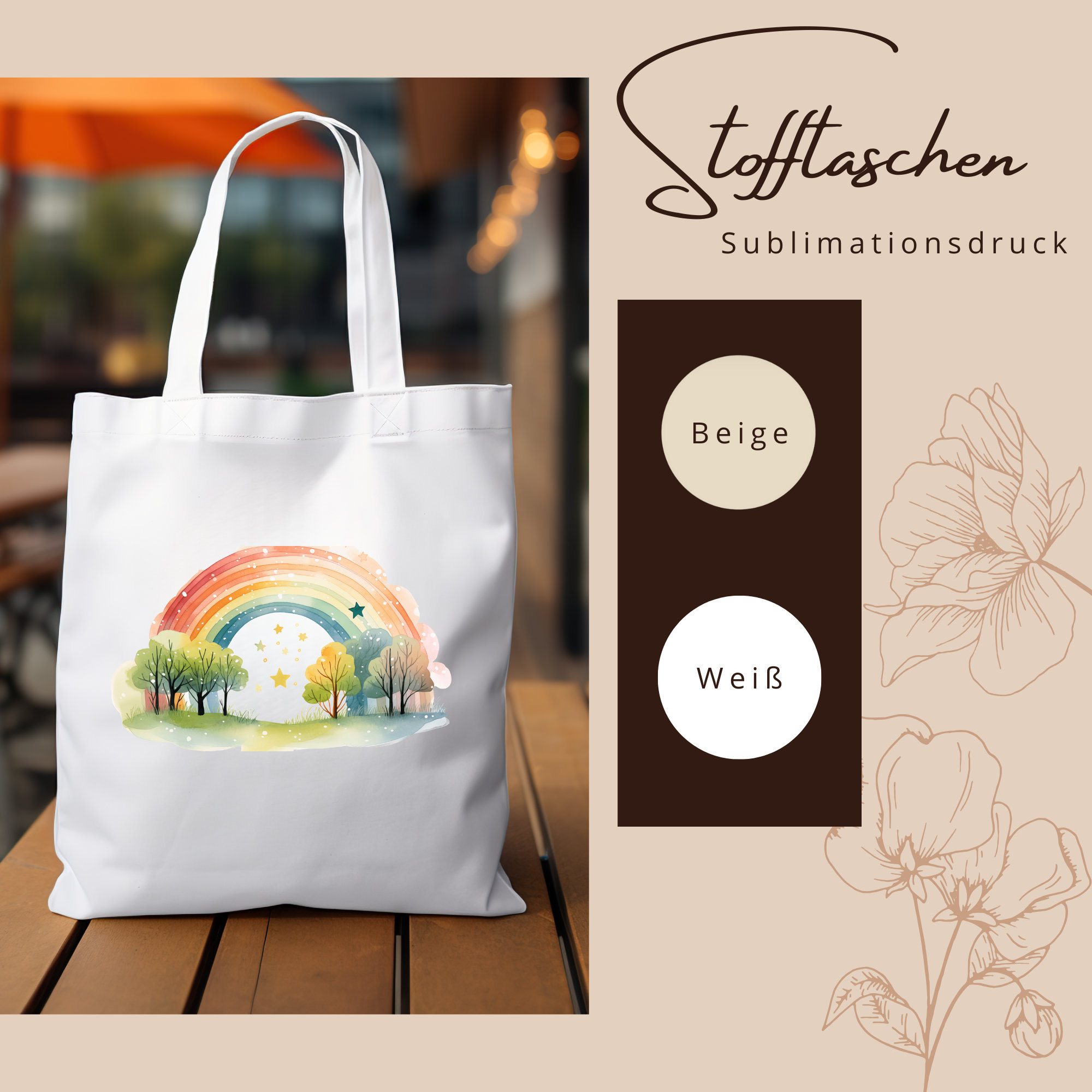 Stofftasche, Stoffbeutel, Einkaufstasche, Tasche, Geschenk, in Weiß oder Beige "Regenbogen"