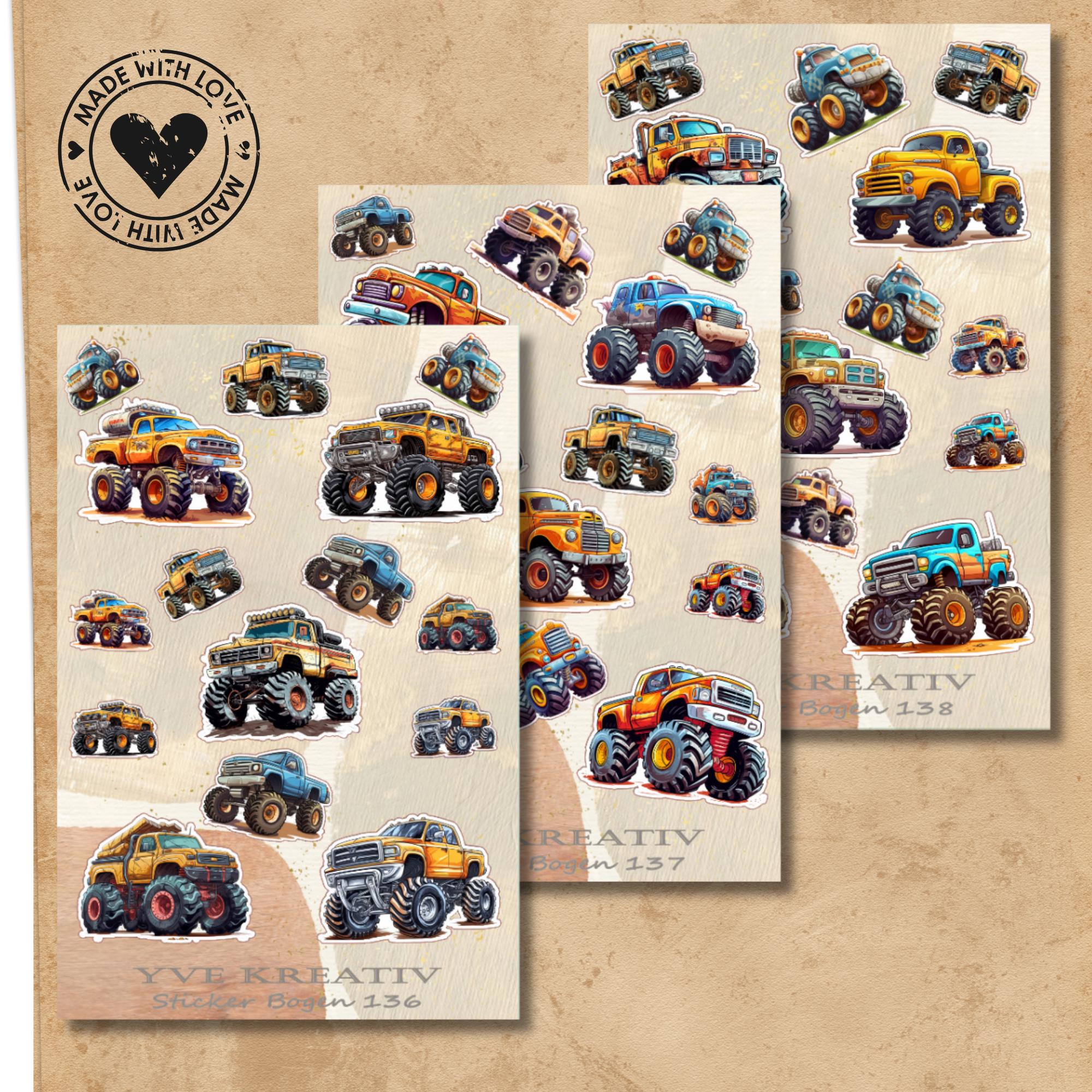 Aufkleber Bogen  " Monstertruck " | Sticker Set - Aufkleber 3 Stickerbogen zur Auswahl in Weiß - Transparent - Matt - Glanz  #SBA6