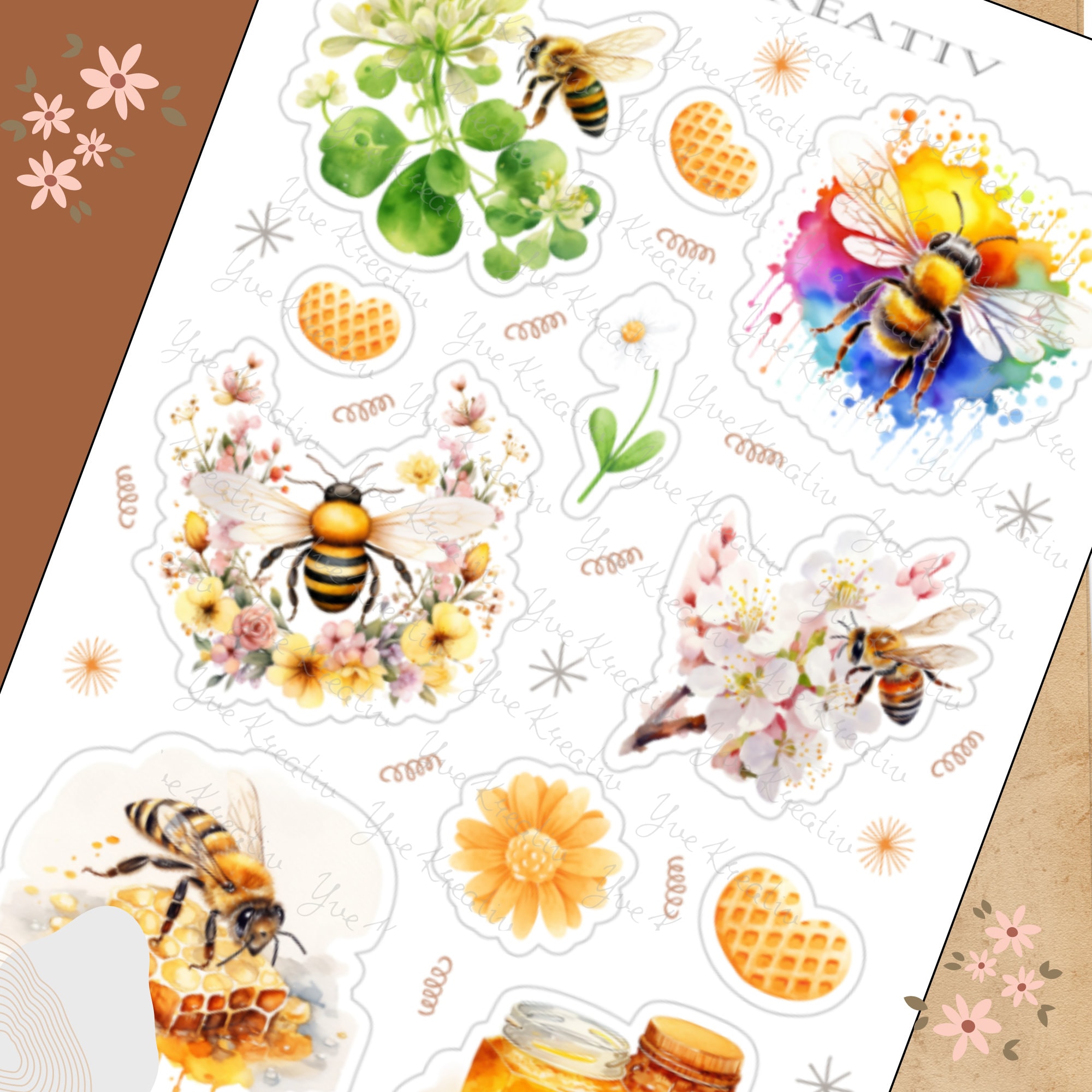 Sticker Bogen " Biene Honigbiene Honig " | 11 Aufkleber Sticker Set Stickerbogen  -  Weiß - Transparent - Matt - Glanz  #SBA6