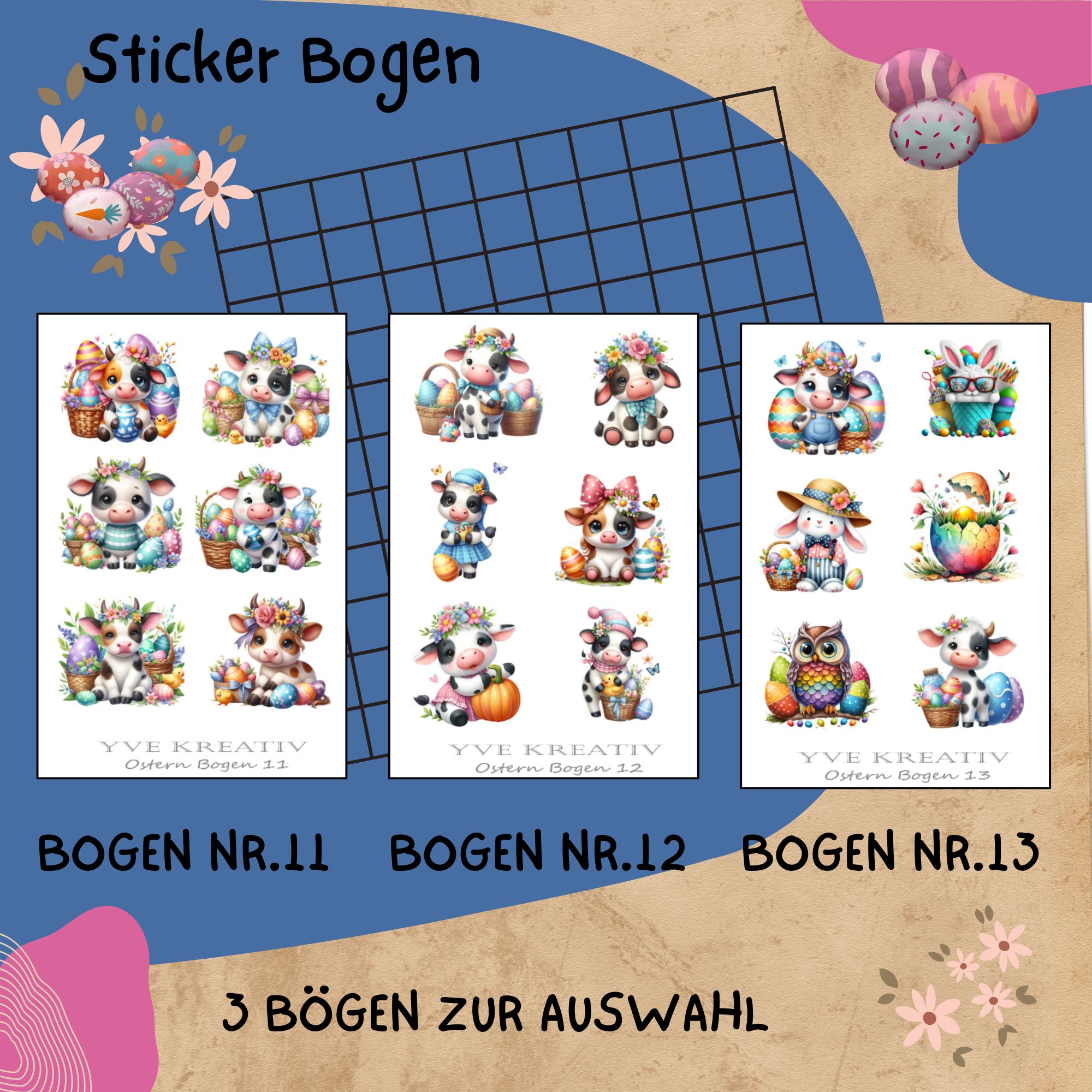 Sticker Bogen " Ostern - Kuh, Eule, Hase" | Sticker Set - Aufkleber 3 Stickerbogen zur Auswahl in Weiß - Transparent - Matt - Glanz #SBA6