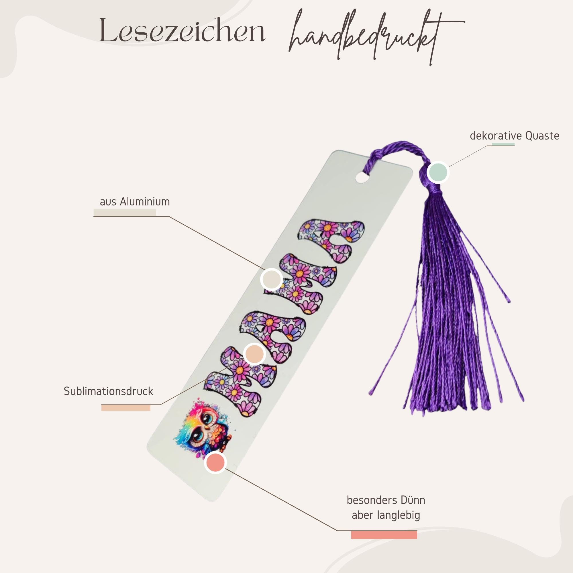 Lesezeichen aus Metall Mama Geschenk Mutter Bücherzeichen Eule Mitbringsel Mama Bookmark Lila Regenbogen #LEALU