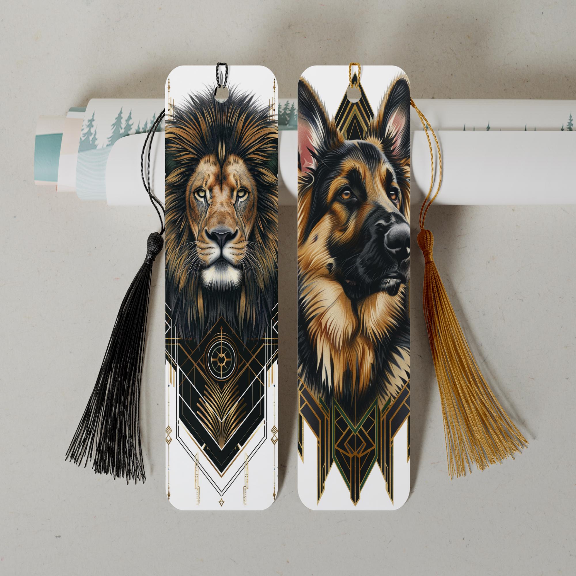 Lesezeichen aus Aluminium Geschenk zum Geburtstag Buchgeschenk "Motiv Löwe ODER Schäferhund" Bookmark - 2 Motive zur Auswahl  #LEALU