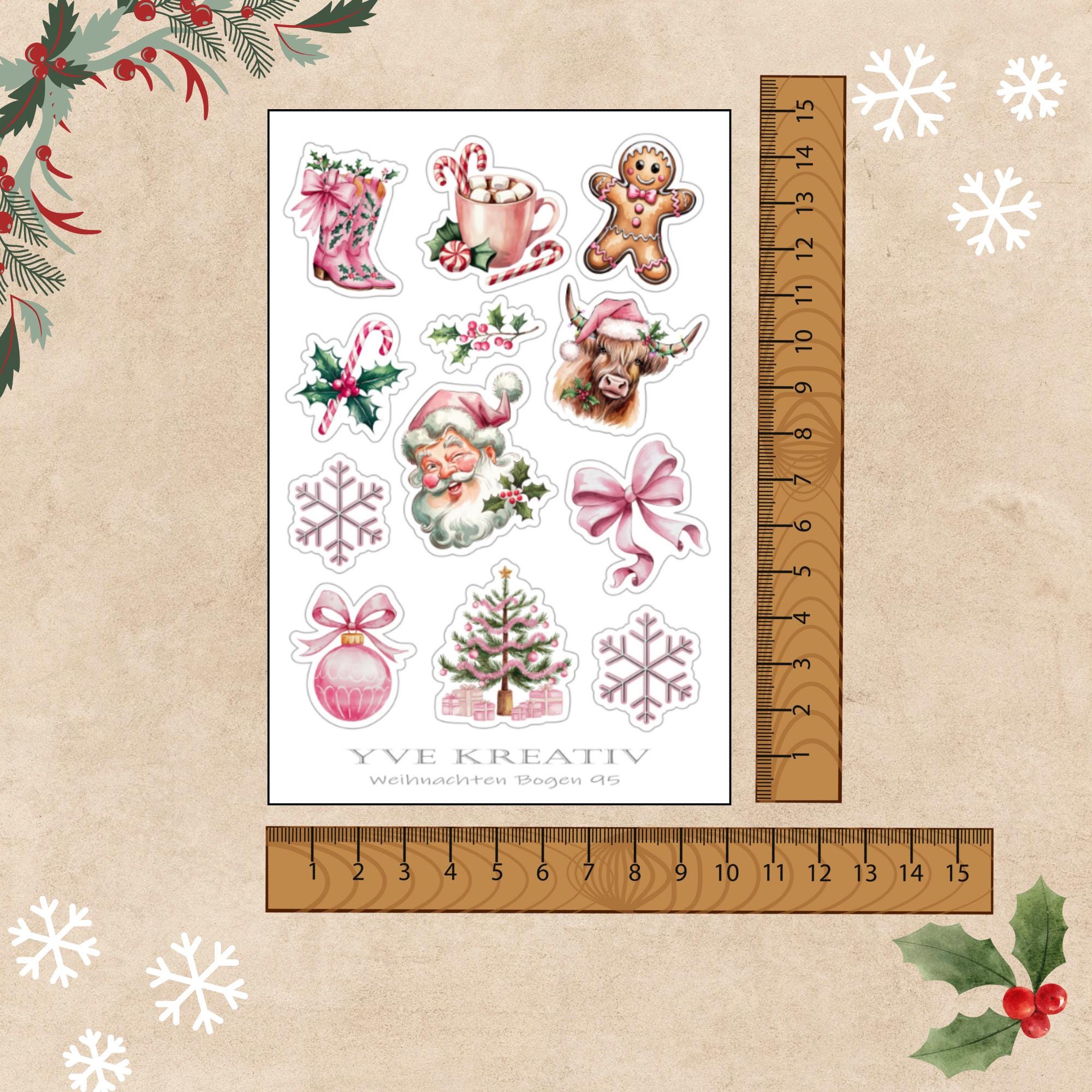 Aufkleber Weihnachtssticker Bogen "Weihnachten Rosa" | Sticker Set - 3 Stickerbogen zur Auswahl in Weiß - Transparent - Matt - Glanz  #SBA6
