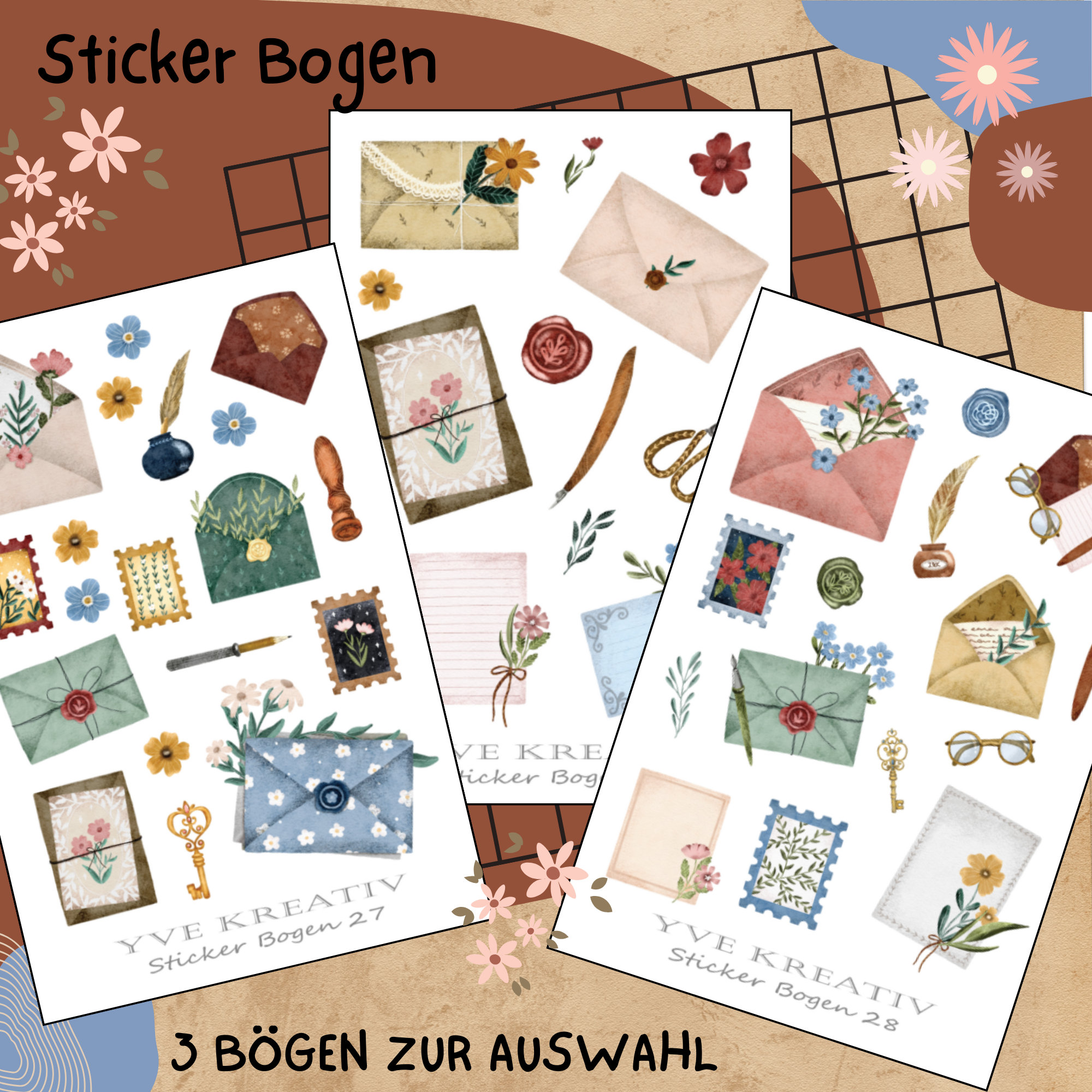 Stickerbogen " Briefe Romantsch Nostalgie " | Sticker Set - Aufkleber 3 Bögen zur Auswahl in Weiß - Transparent - Matt - Glanz  #SBA6