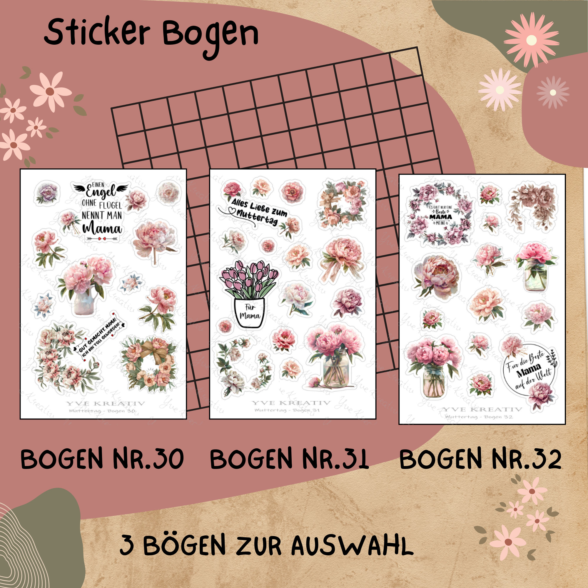 Sticker Bogen " Muttertag Nostalgie Pfingstrose " | Sticker Set - Aufkleber 3 Stickerbogen zur Auswahl in Weiß - Transparent - Matt - Glanz