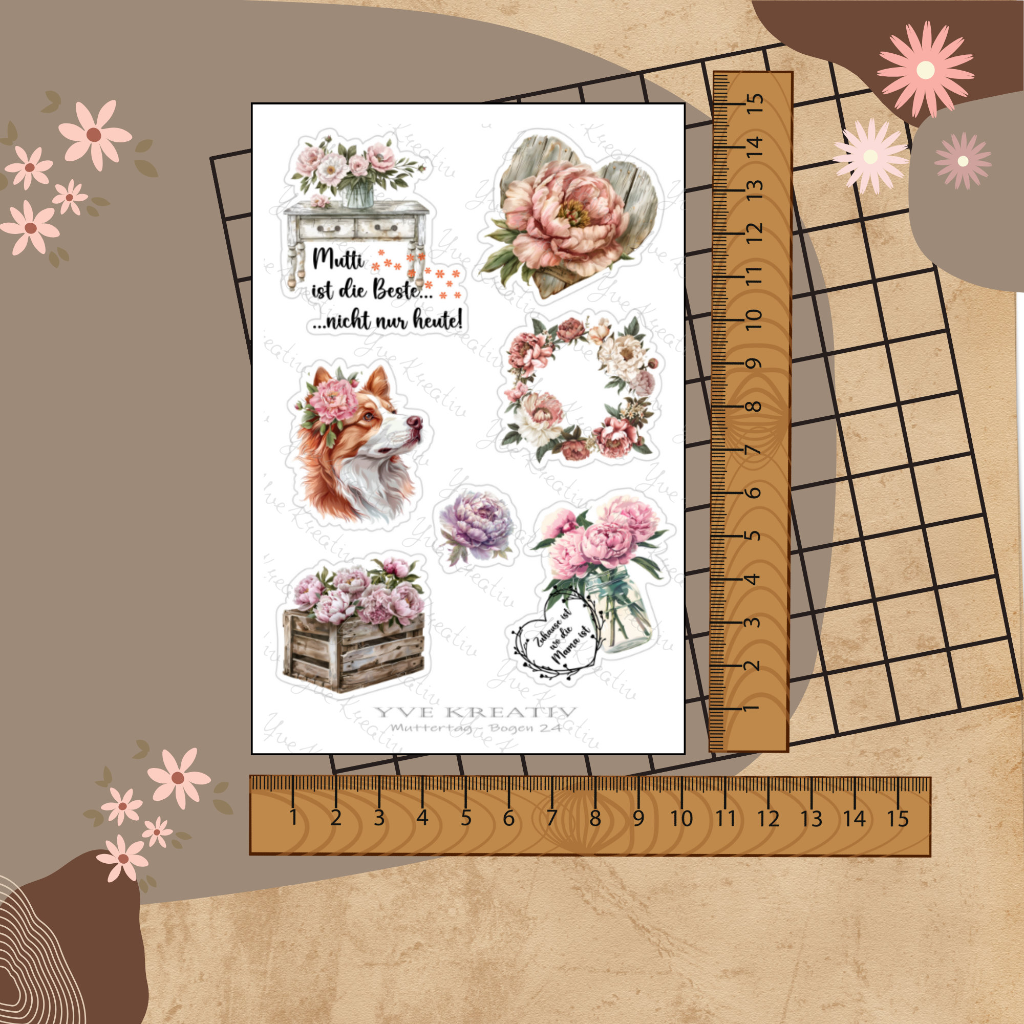 Sticker Aufkleber " Muttertag Nostalgie Pfingstrose " | Sticker Set - 3 Stickerbogen zur Auswahl in Weiß - Transparent - Matt - Glanz #SBA6