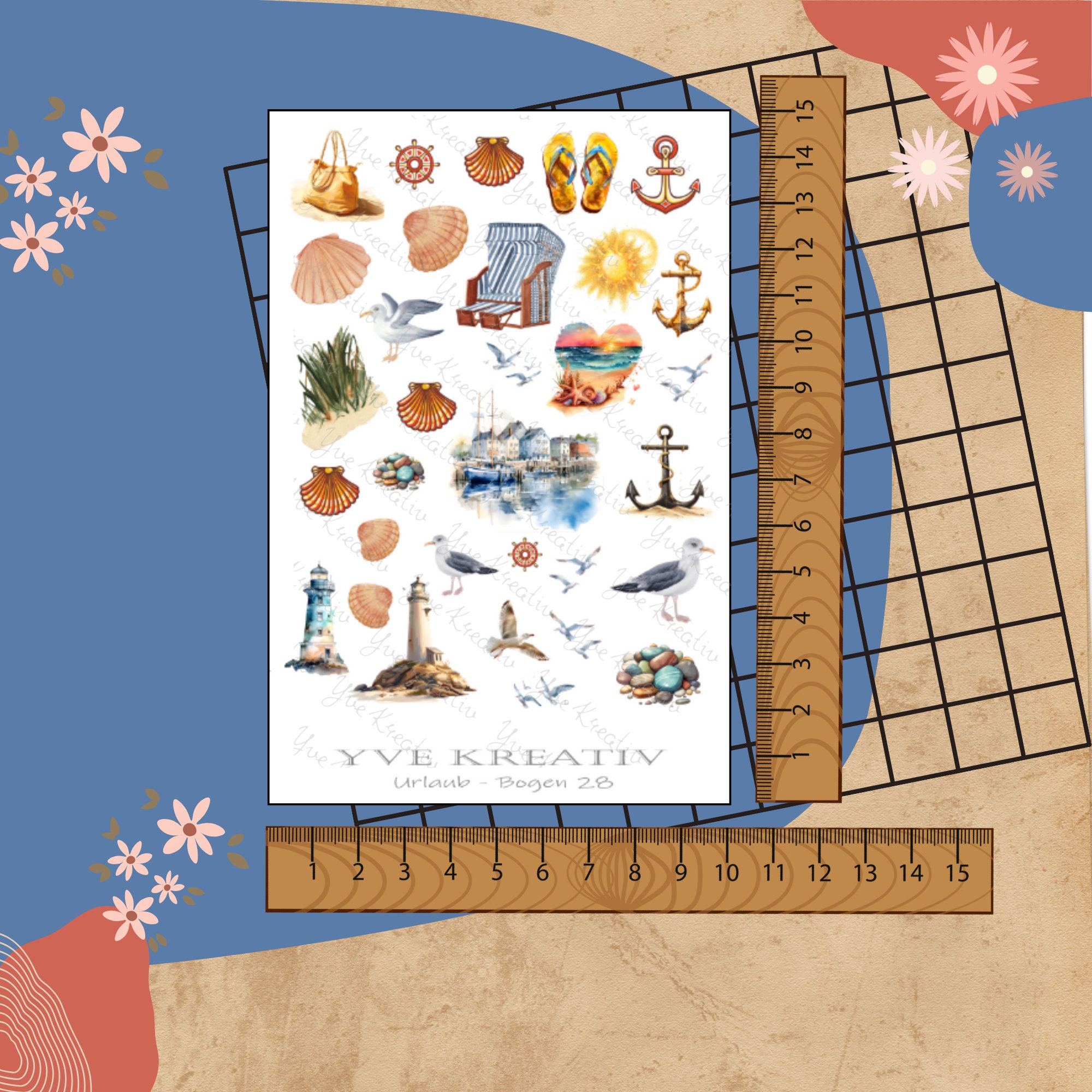 Sticker Bogen " Maritim Meer Urlaub Reisen Strand " | Set - Aufkleber 2 Stickerbögen zur Auswahl in Weiß - Transparent - Matt - Glanz