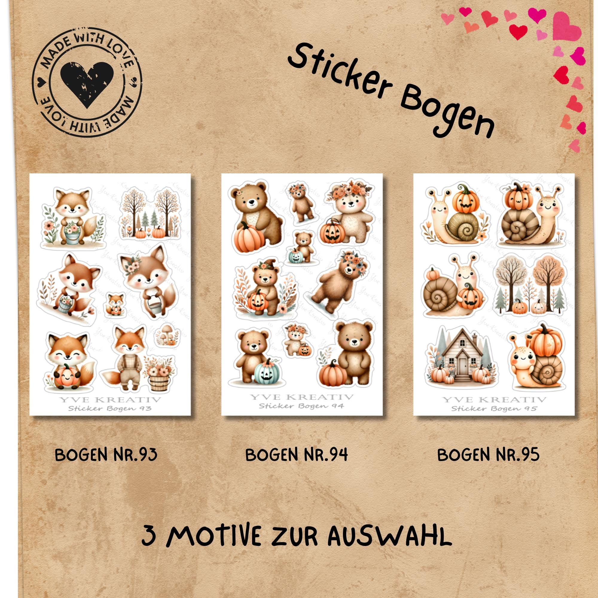 Aufkleber Waldtiere Stickerbogen Herbst Halloween Sticker Set - 3 Bögen zur Auswahl in Weiß - Transparent - Matt - Glanz  #SBA6