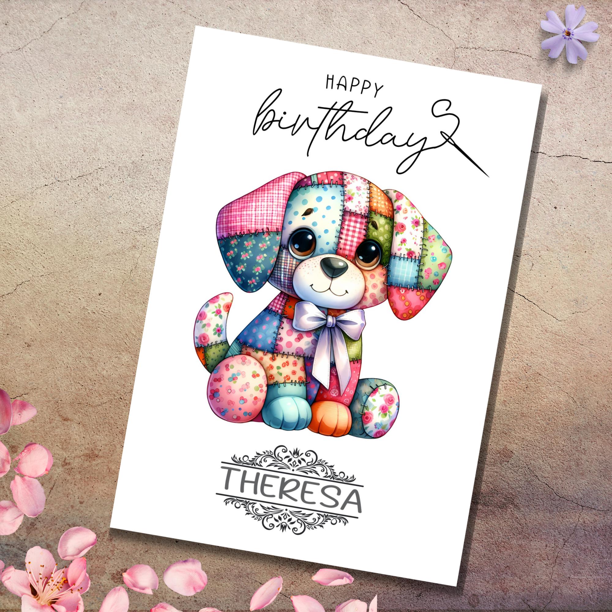 Postkarte personalisiert mit Namen Grußkarte Happy Birthday Karte Geburtstag Geburtstagskarte I Patchwork Hund #PHO
